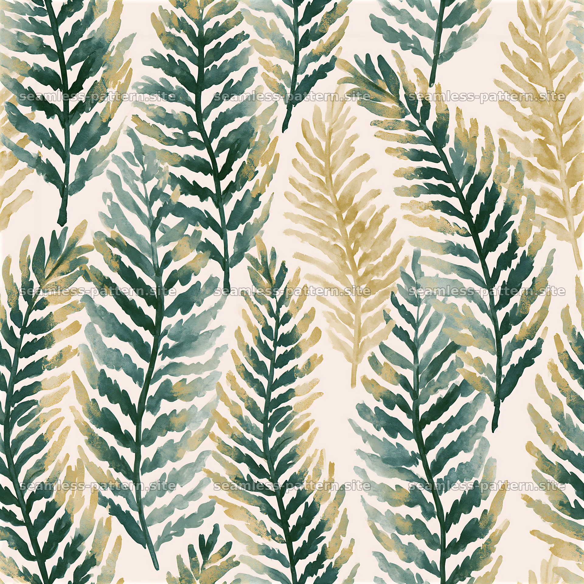 Seamless watercolor fern pattern with green and gold tones — seamless tileable pattern at 8192x8192