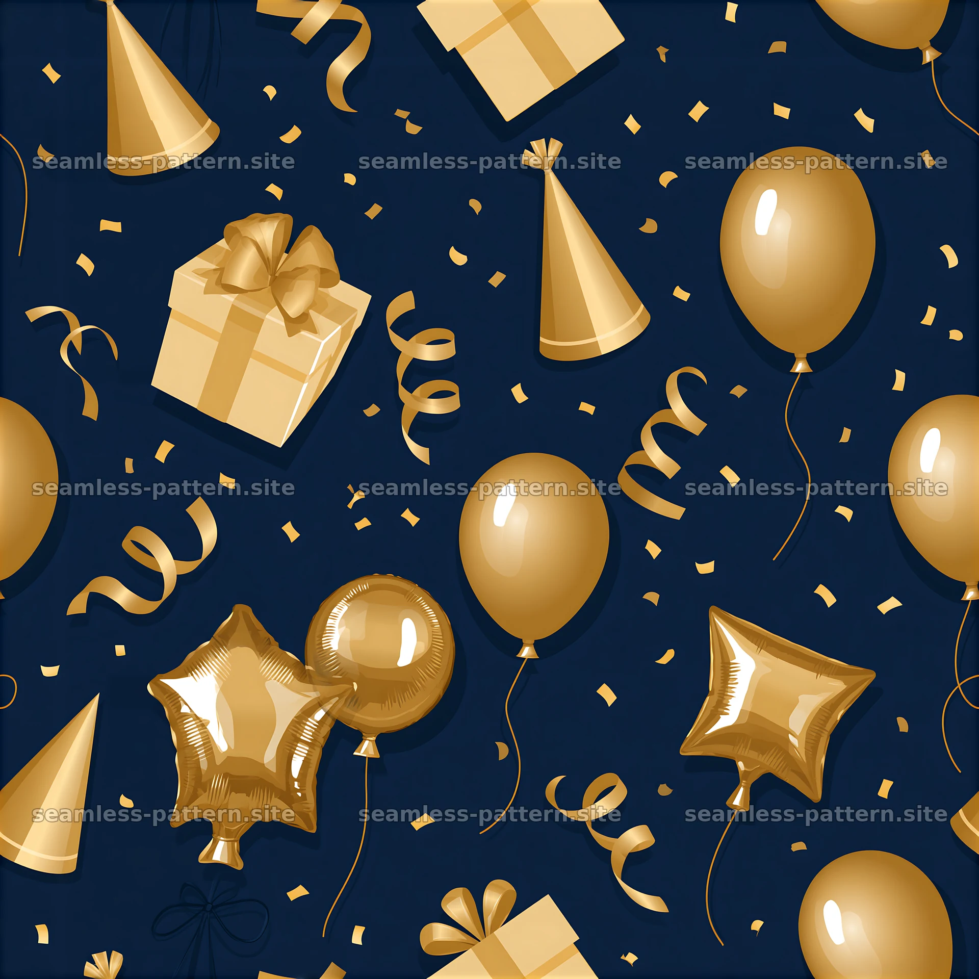 Gold party elements seamless pattern for celebrations — seamless tileable pattern at 8192x8192