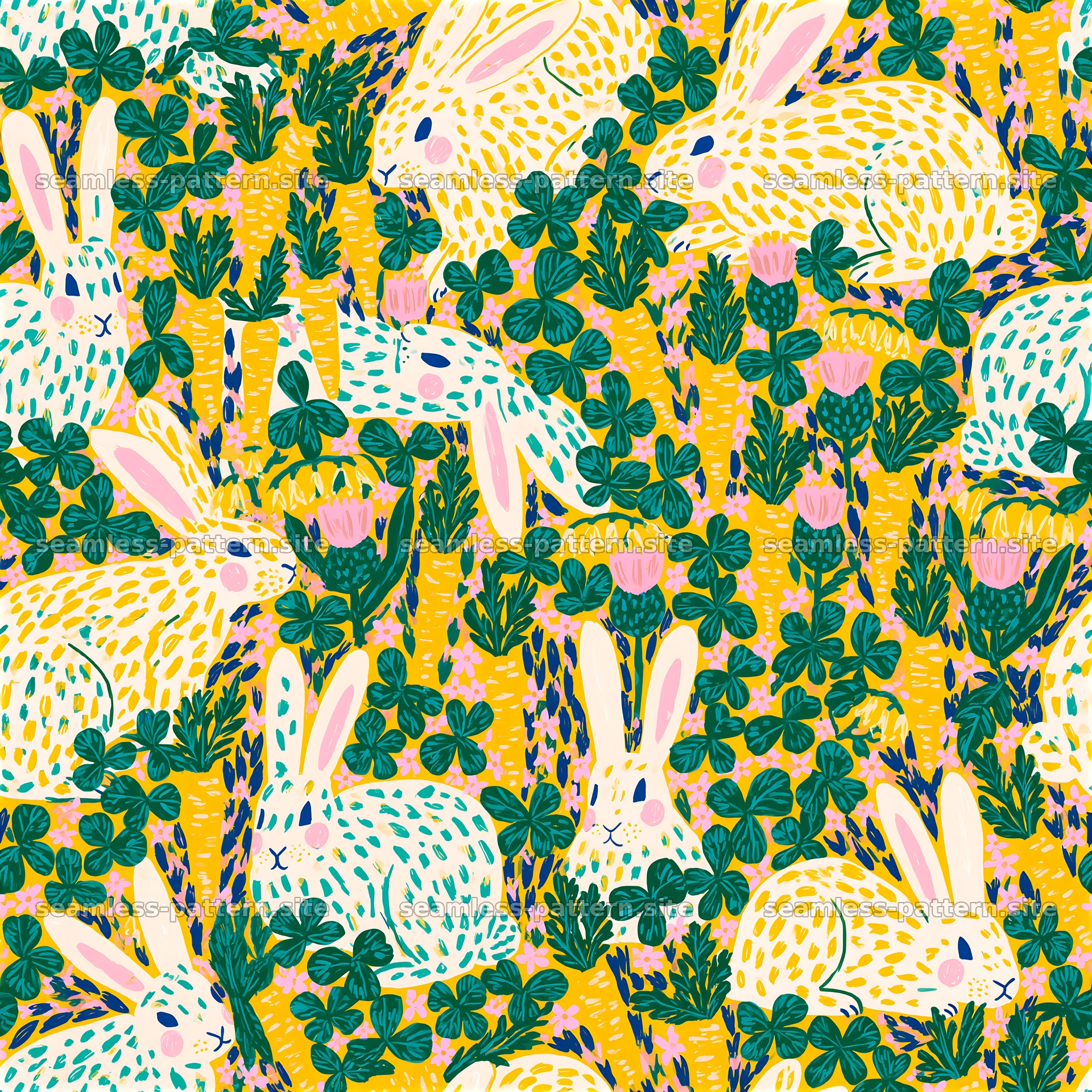 Bunnies in a vibrant garden setting with green and yellow elements — seamless tileable pattern at 8192x8192