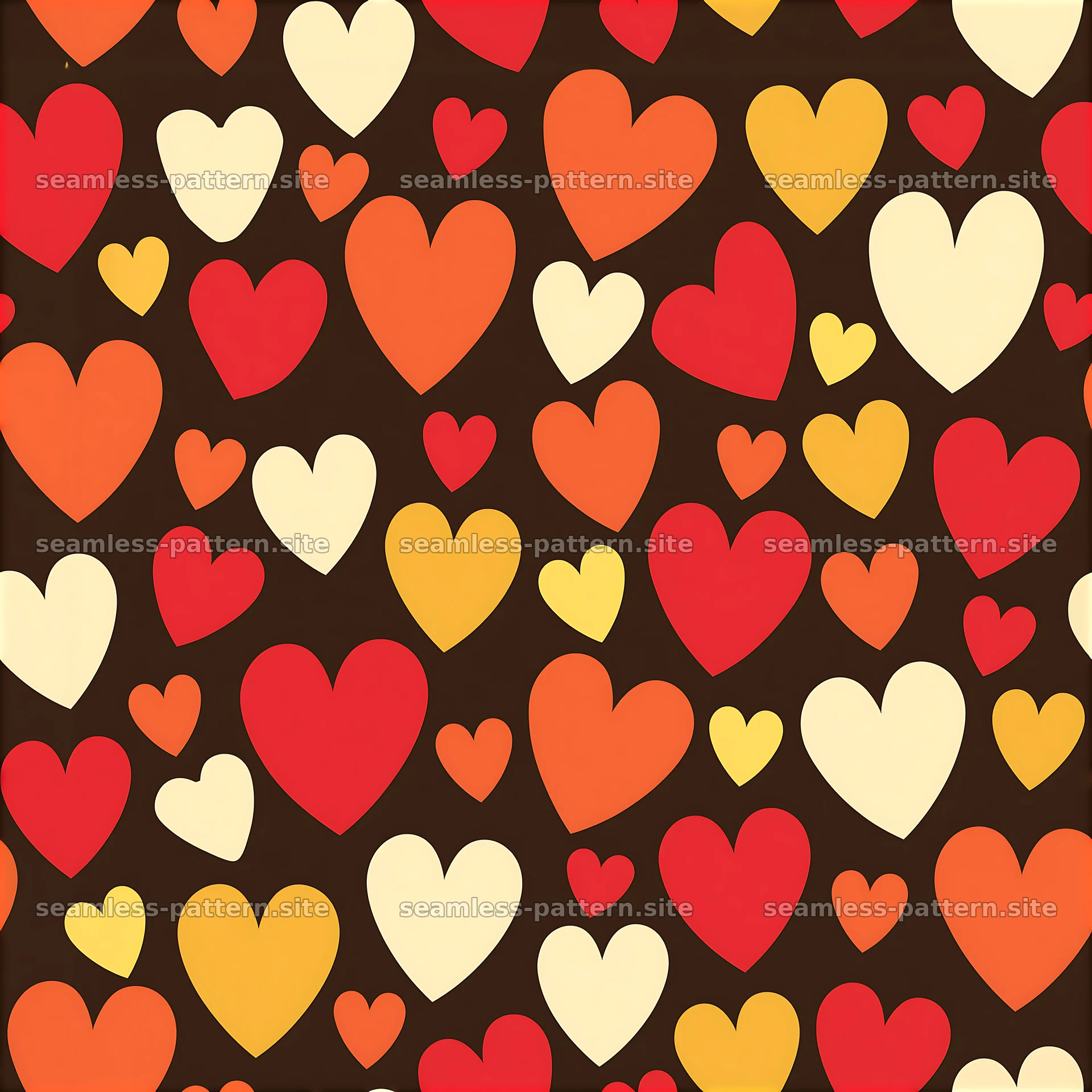 Colorful Heart Confetti Seamless Pattern on Brown — seamless tileable pattern at 8192x8192