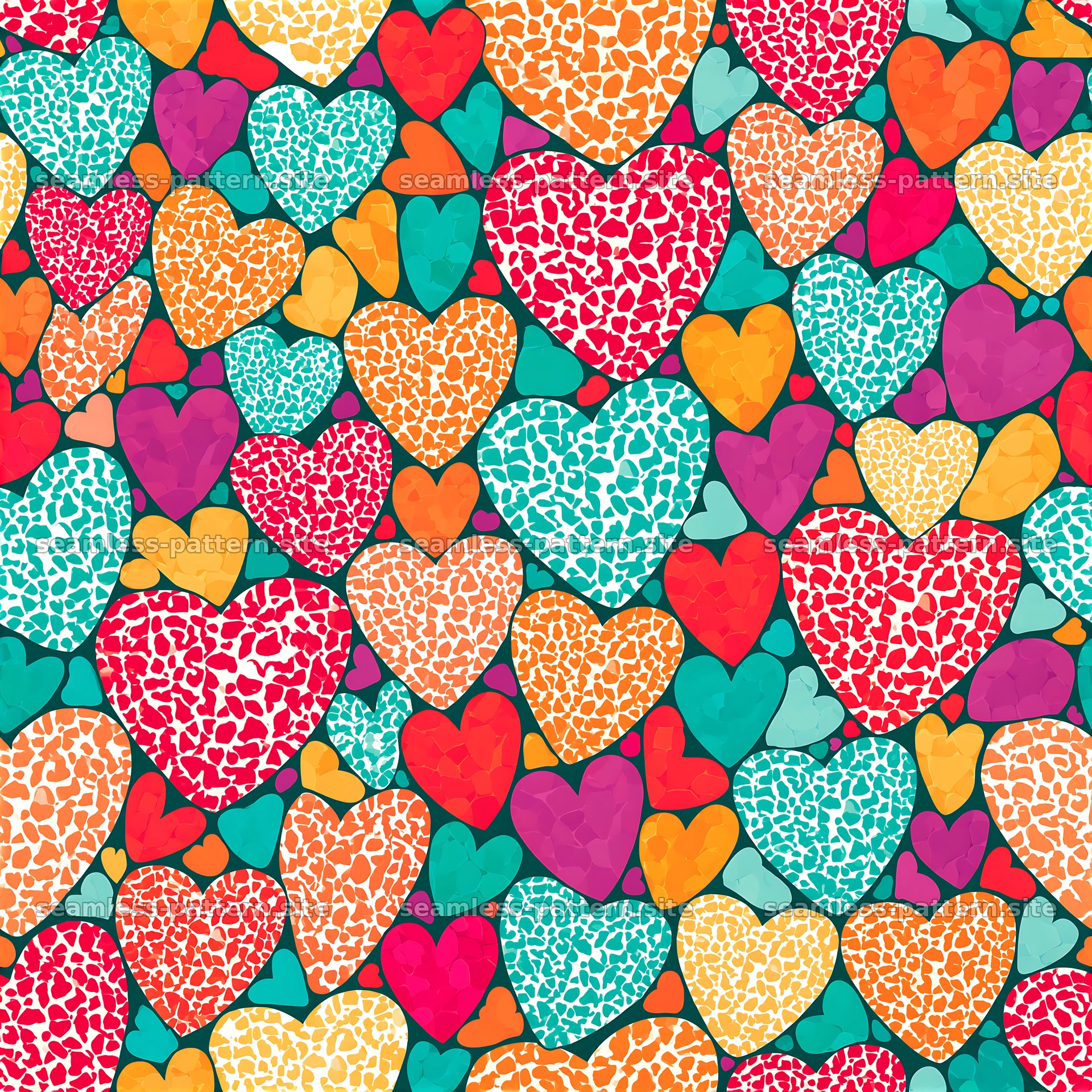 Colorful hearts pattern with different shapes and designs — seamless tileable pattern at 8192x8192