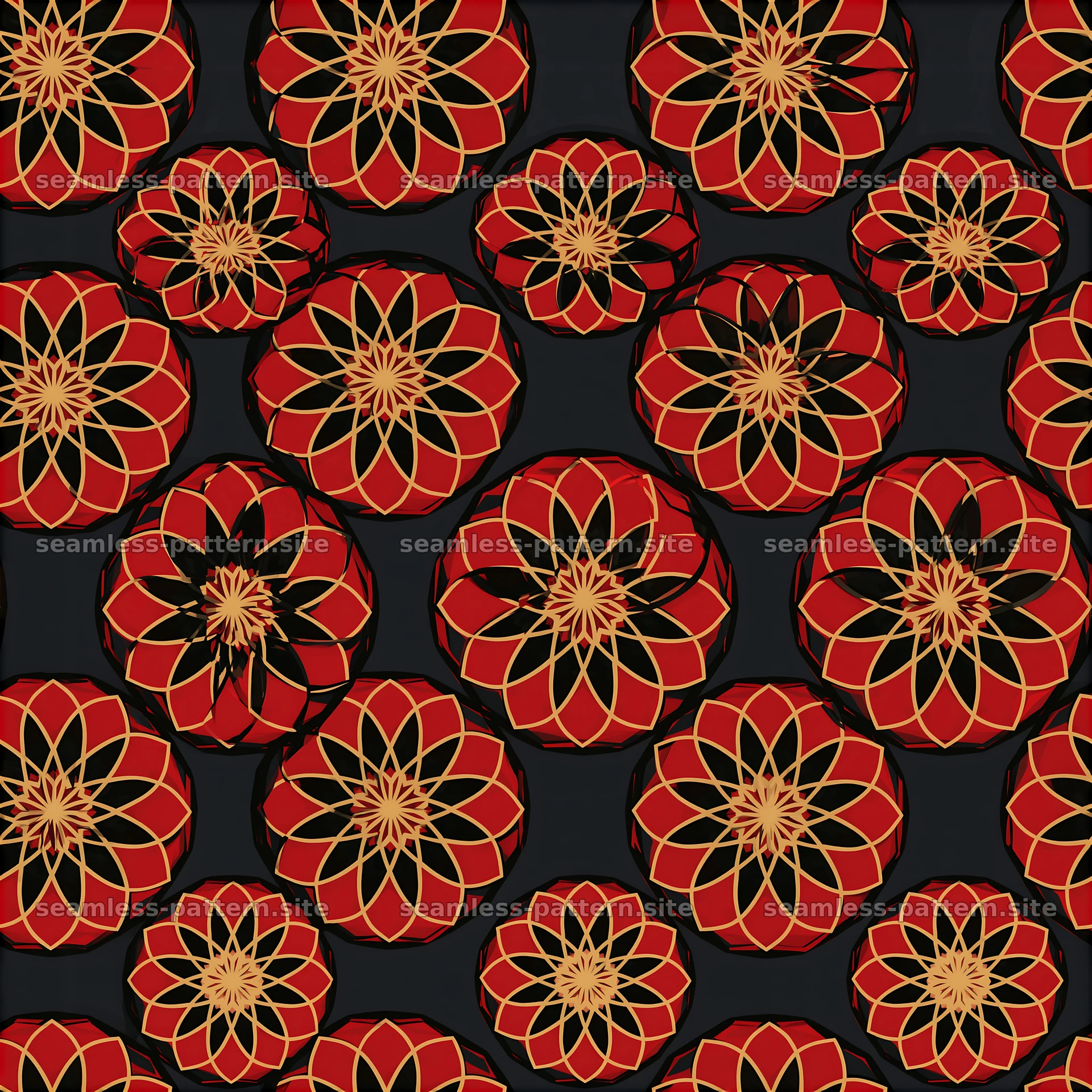 Geometric Red and Gold Flower Pattern on Black — seamless tileable pattern at 8192x8192
