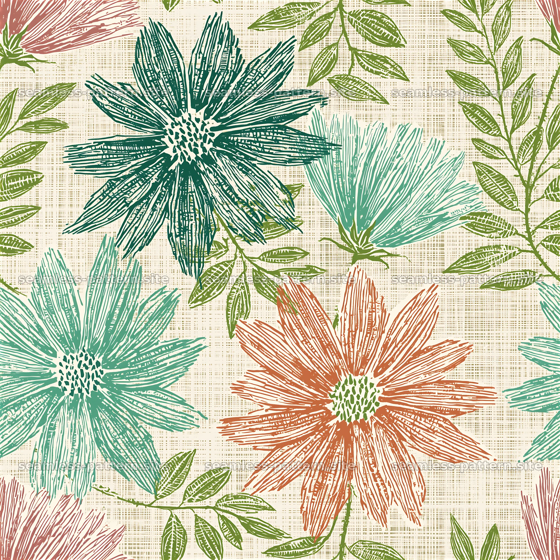 Bright Geometric Flowers and Leaves Seamless Pattern — seamless tileable pattern at 8192x8192