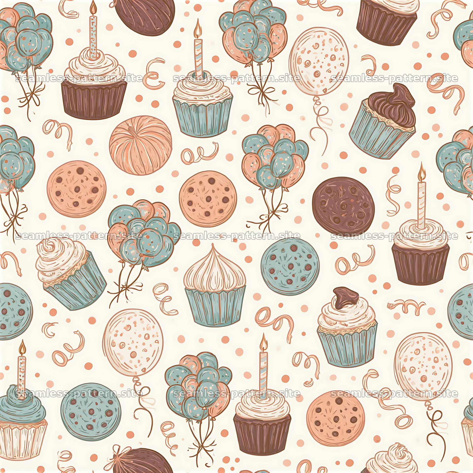 Birthday cupcakes, balloons and cookies seamless pattern — seamless tileable pattern at 8192x8192