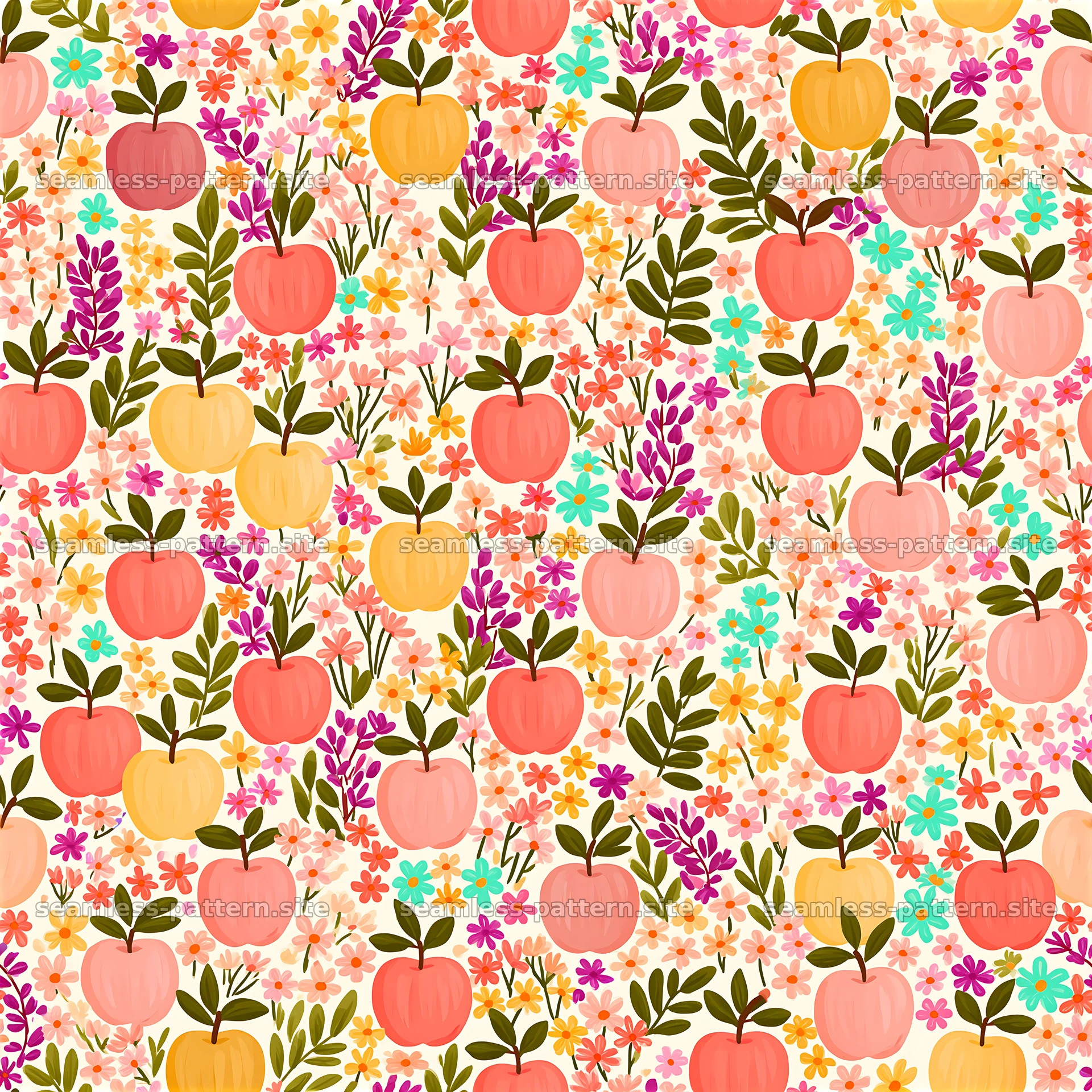 Colorful apple seamless pattern with flowers and leaves design — seamless tileable pattern at 8192x8192