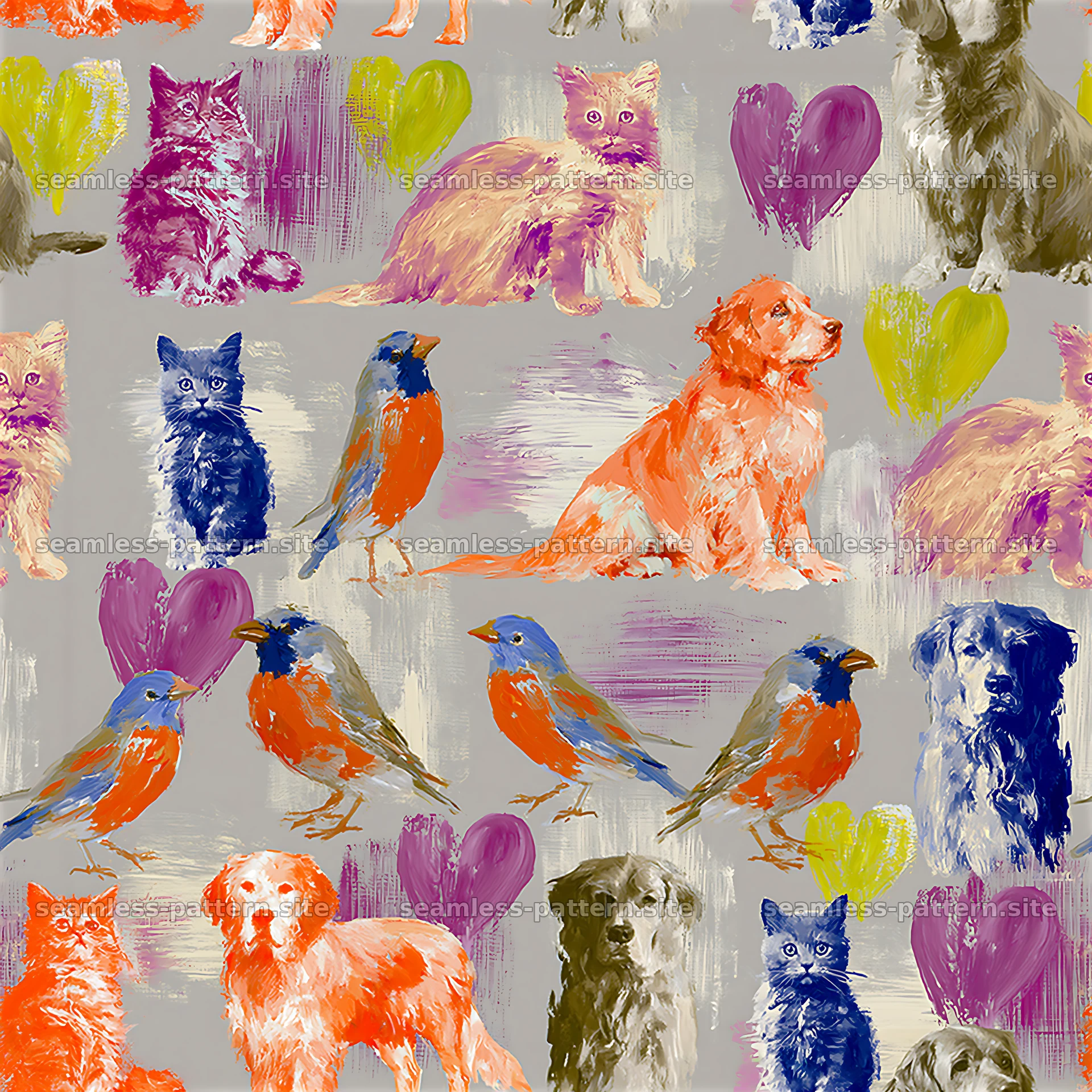 Colorful animal seamless pattern with pets and hearts design — seamless tileable pattern at 8192x8192