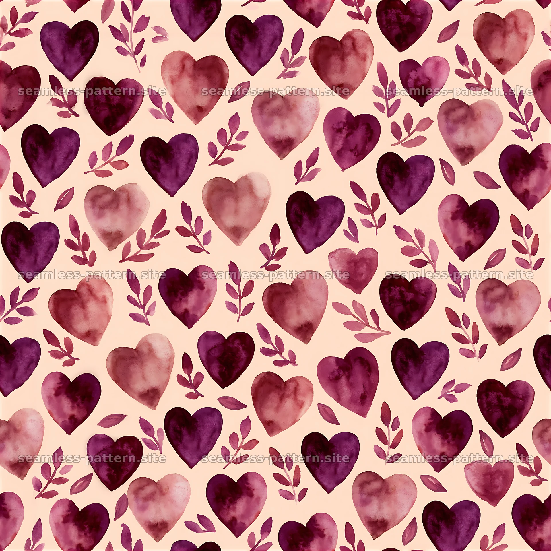 Watercolor Hearts and Foliage Seamless Pattern — seamless tileable pattern at 8192x8192