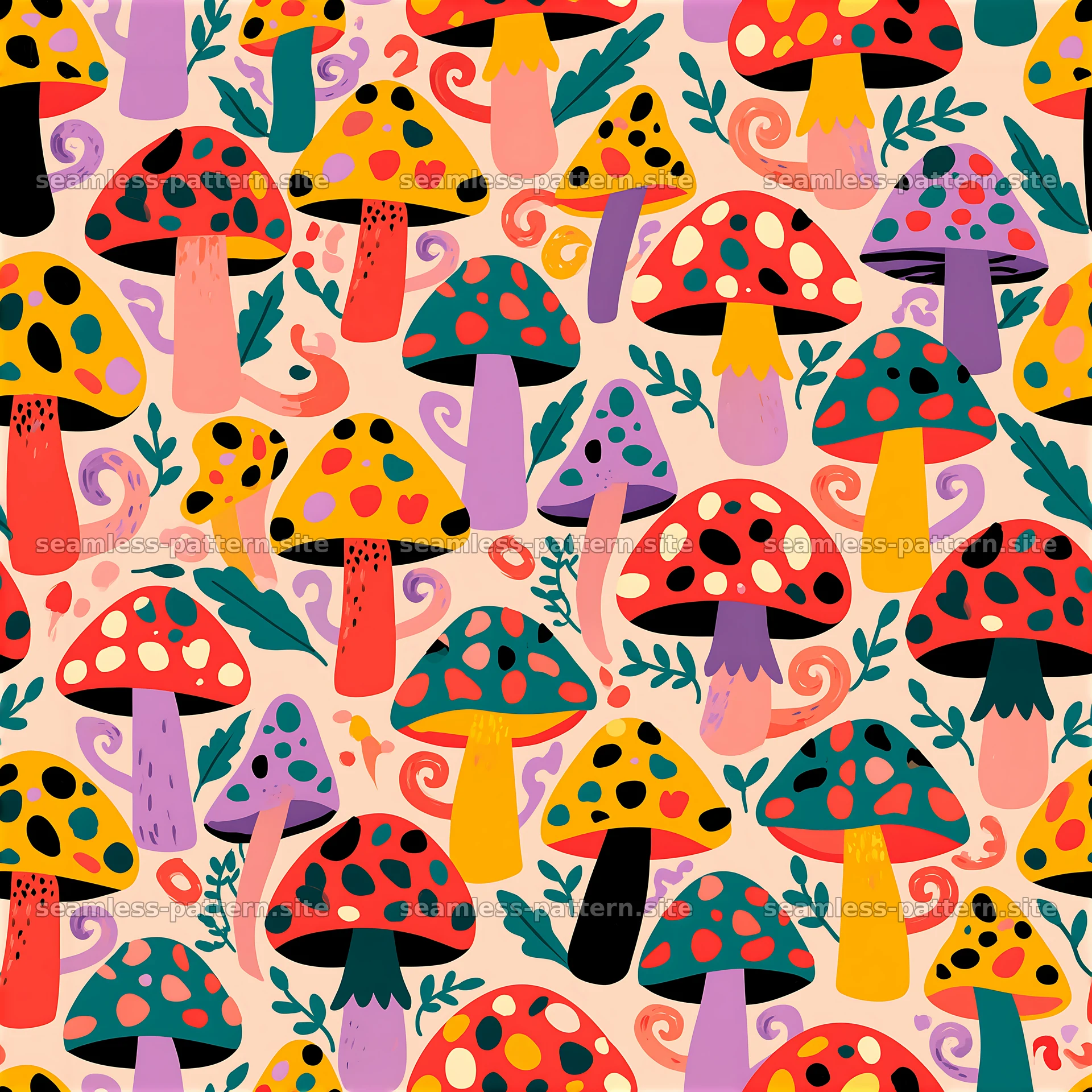 Colorful mushrooms with playful patterns create a fun design — seamless tileable pattern at 8192x8192