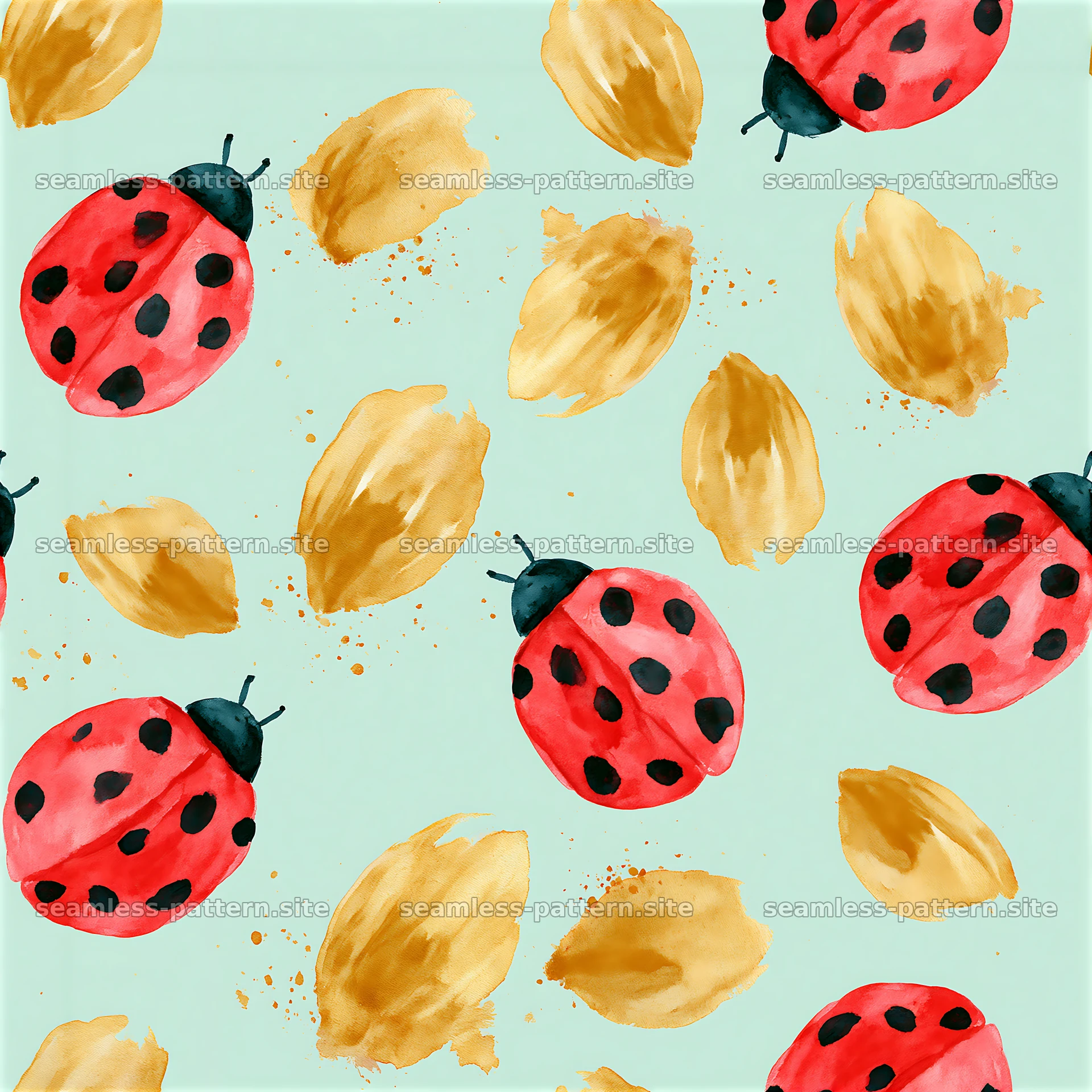 Seamless watercolor ladybug pattern with gold accents on blue background — seamless tileable pattern at 8192x8192
