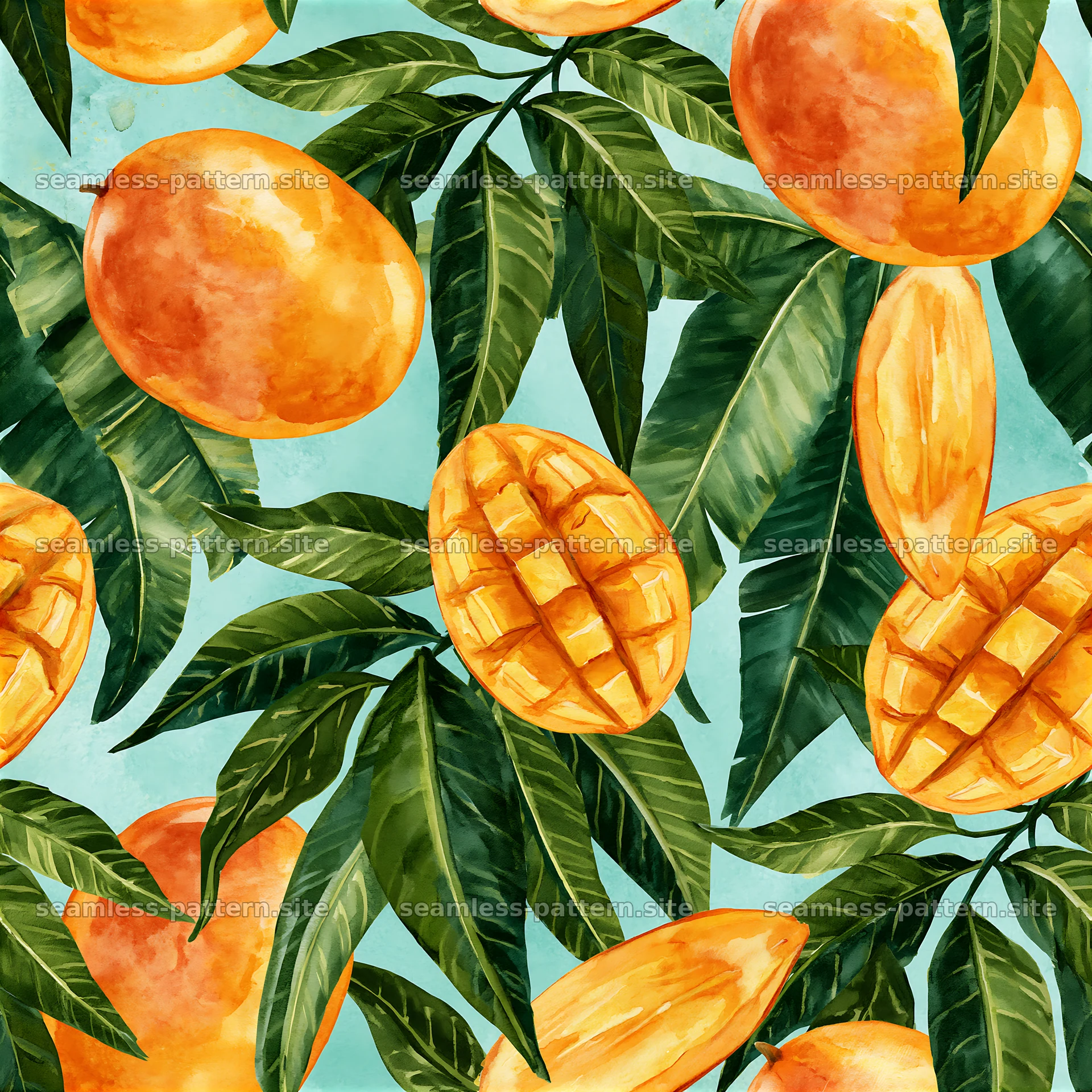 Seamless watercolor fruit pattern featuring mango and orange — seamless tileable pattern at 8192x8192