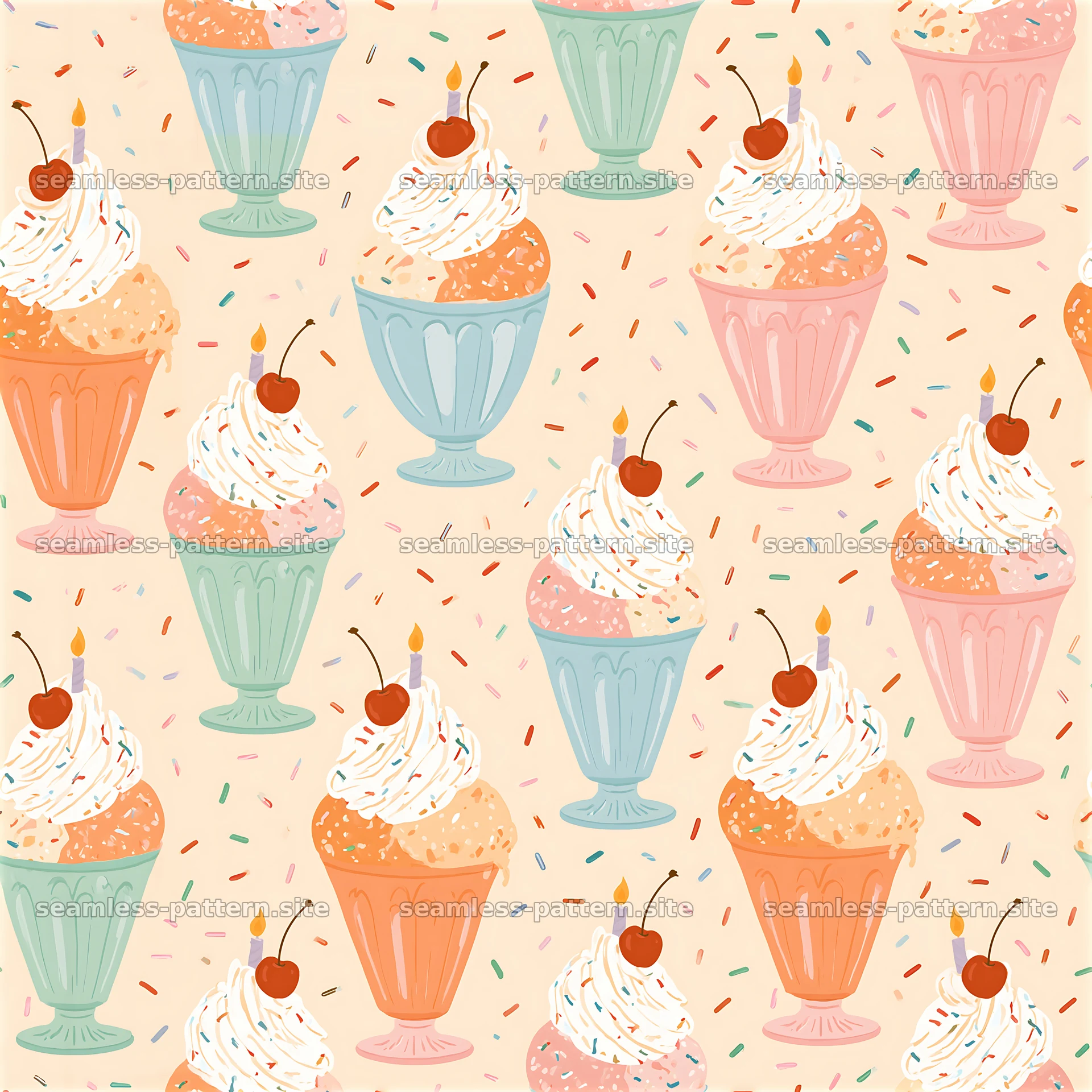 Birthday ice cream seamless pattern with colorful ice cream sundaes — seamless tileable pattern at 8192x8192