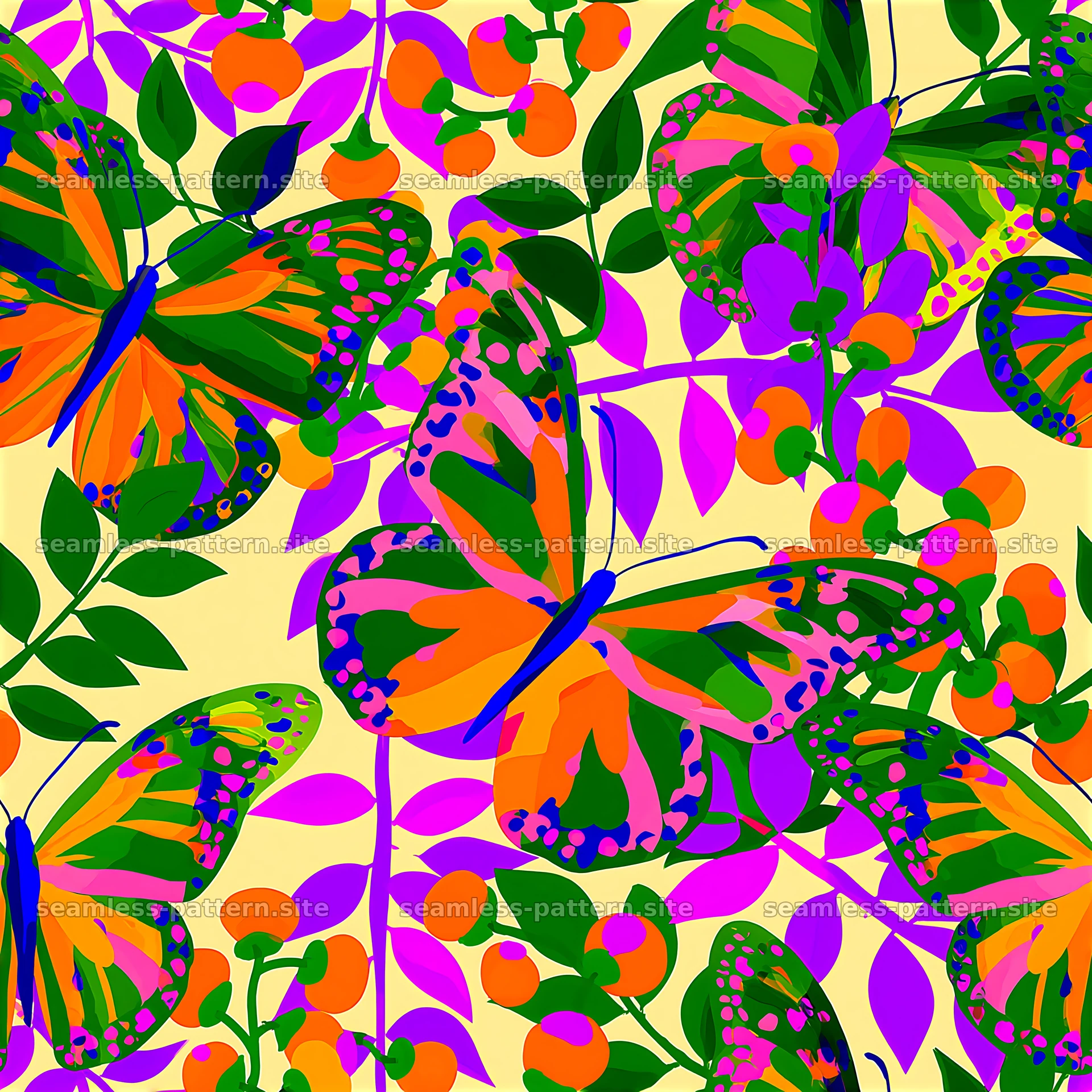 Colorful butterfly design with bright leaves and flowers — seamless tileable pattern at 8192x8192