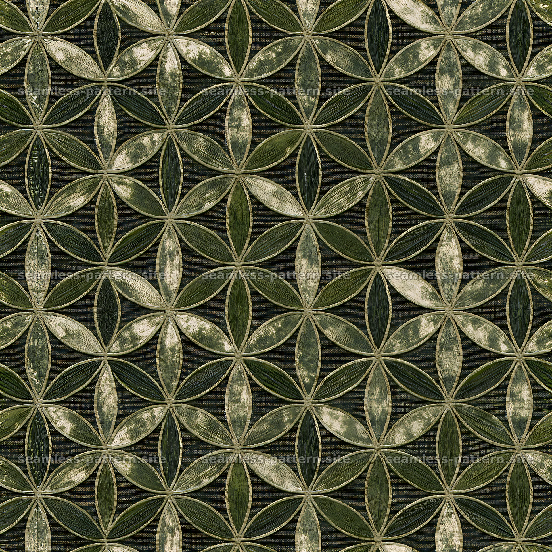 Seamless flower of life esoteric pattern in green and beige — seamless tileable pattern