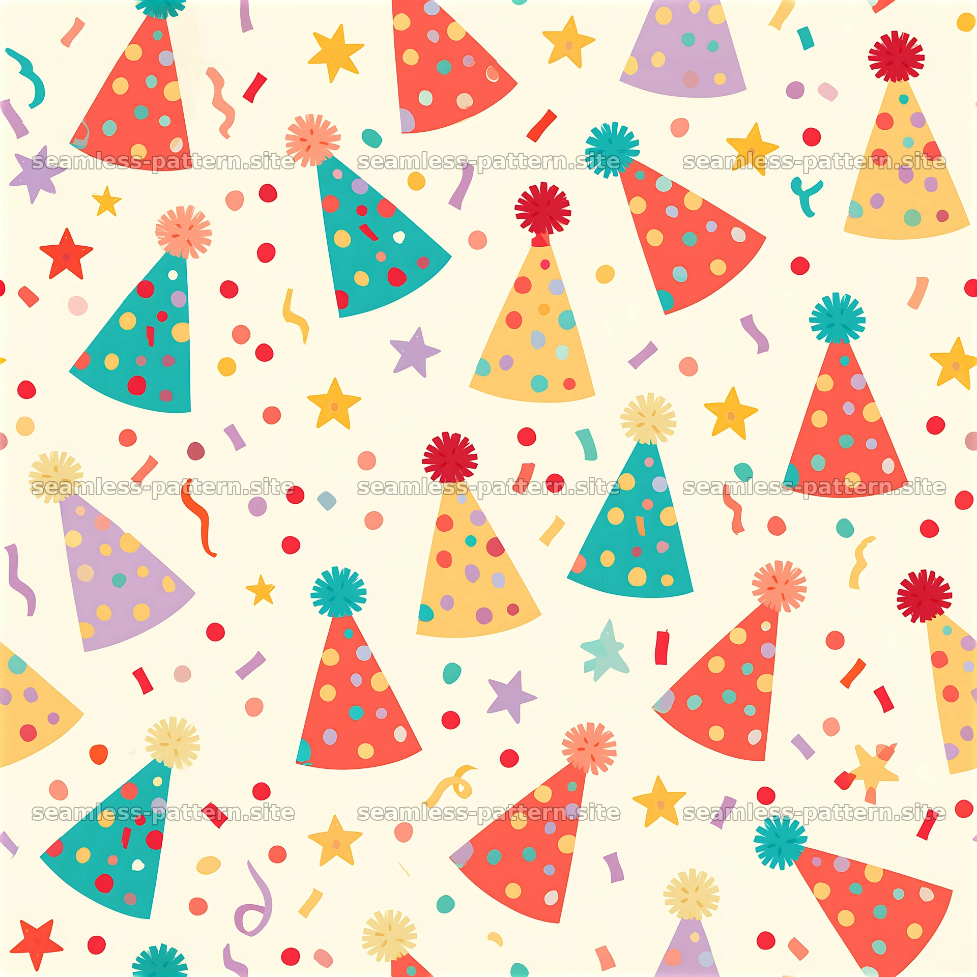 Birthday party hats seamless pattern with colorful elements — seamless tileable pattern at 8192x8192