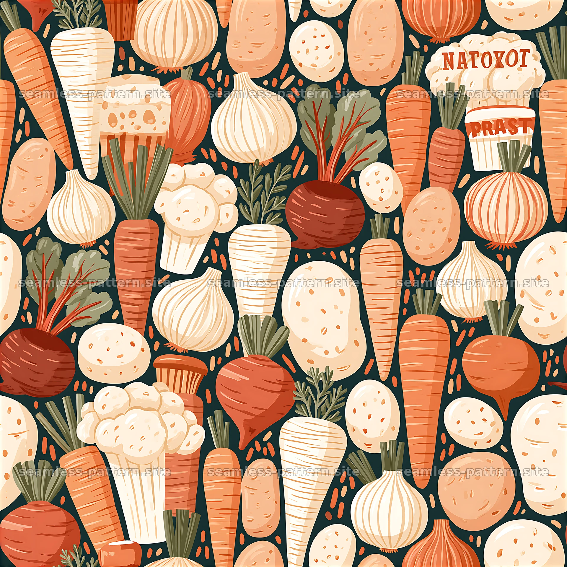 Colorful vegetable seamless pattern with root vegetables — seamless tileable pattern at 8192x8192