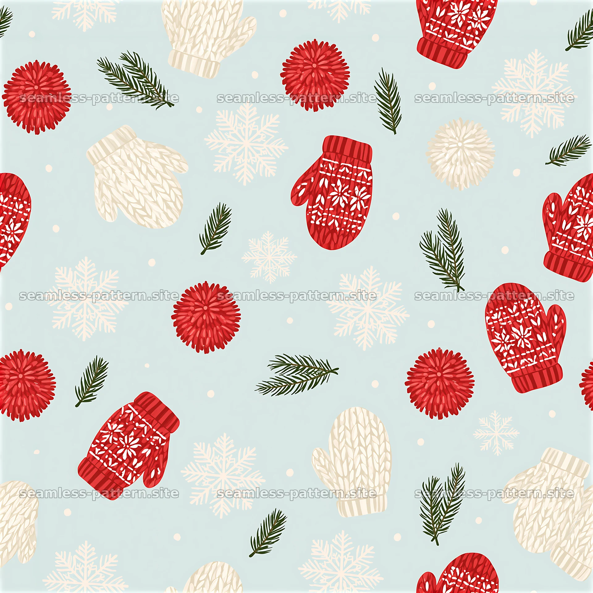 Christmas Mittens, Snowflakes and Pine Branches Pattern — seamless tileable pattern at 8192x8192