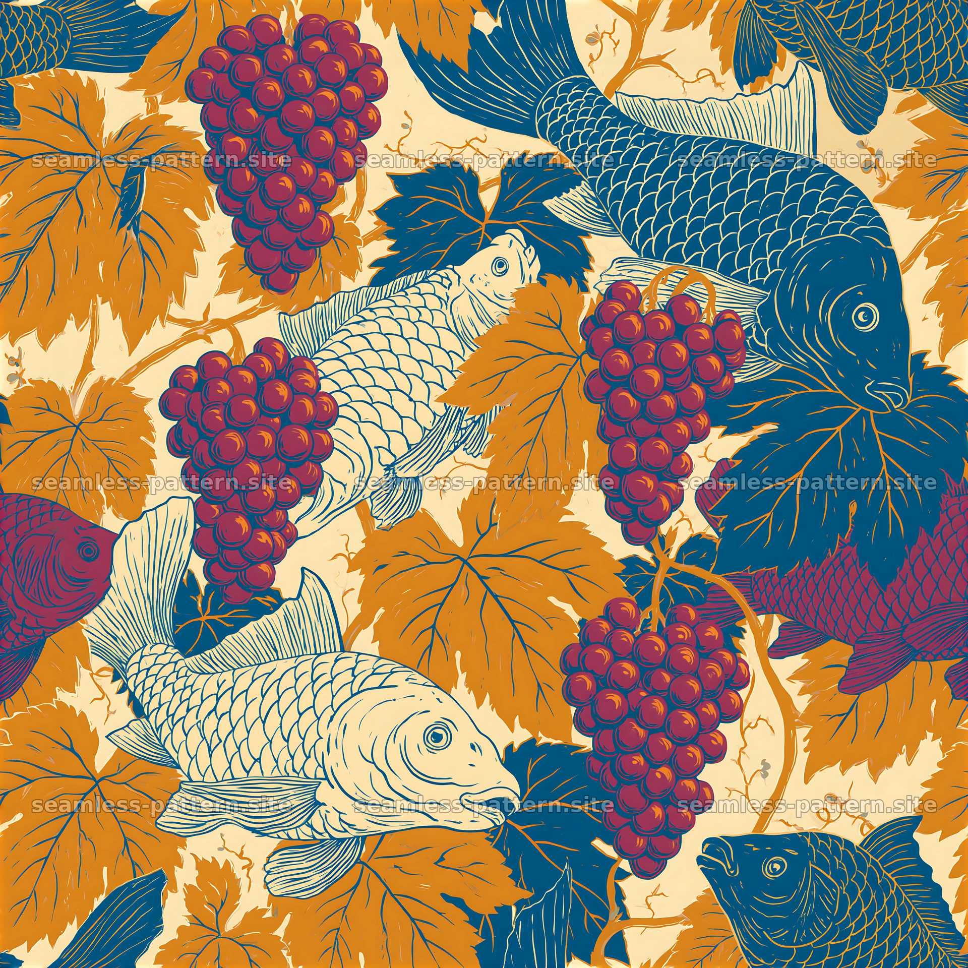 Grapevines and Fish Folk Art Seamless Pattern — seamless tileable pattern at 8192x8192