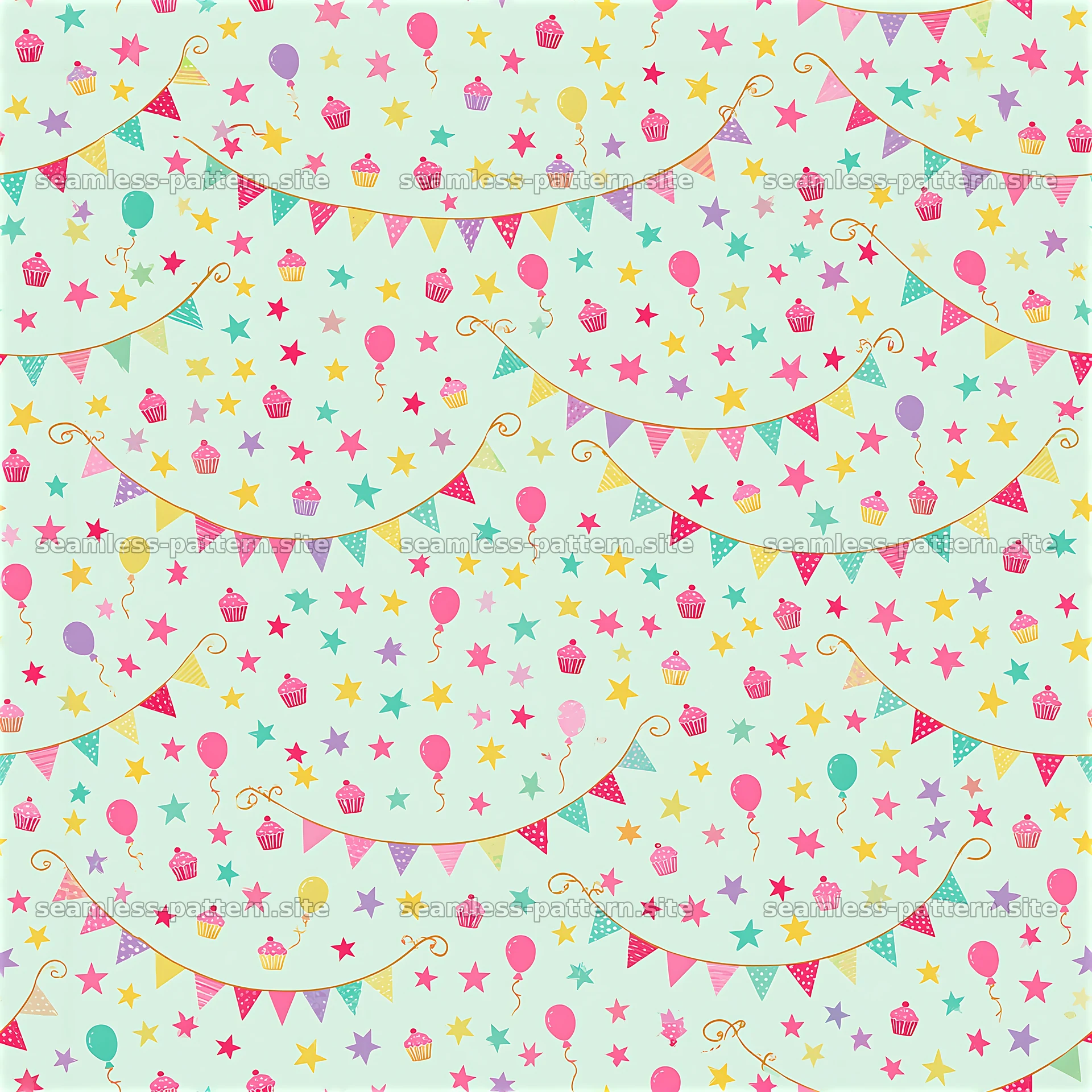 Birthday bunting seamless pattern with balloons and cupcakes — seamless tileable pattern at 8192x8192