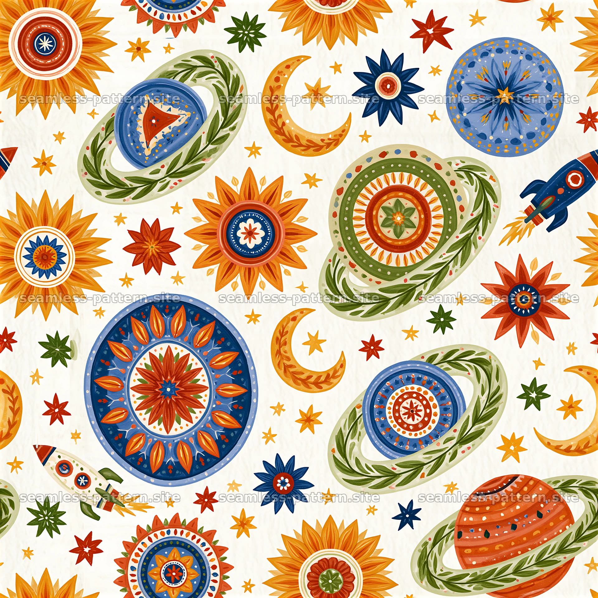 Colorful space seamless pattern with planets, stars, and rockets — seamless tileable pattern at 8192x8192
