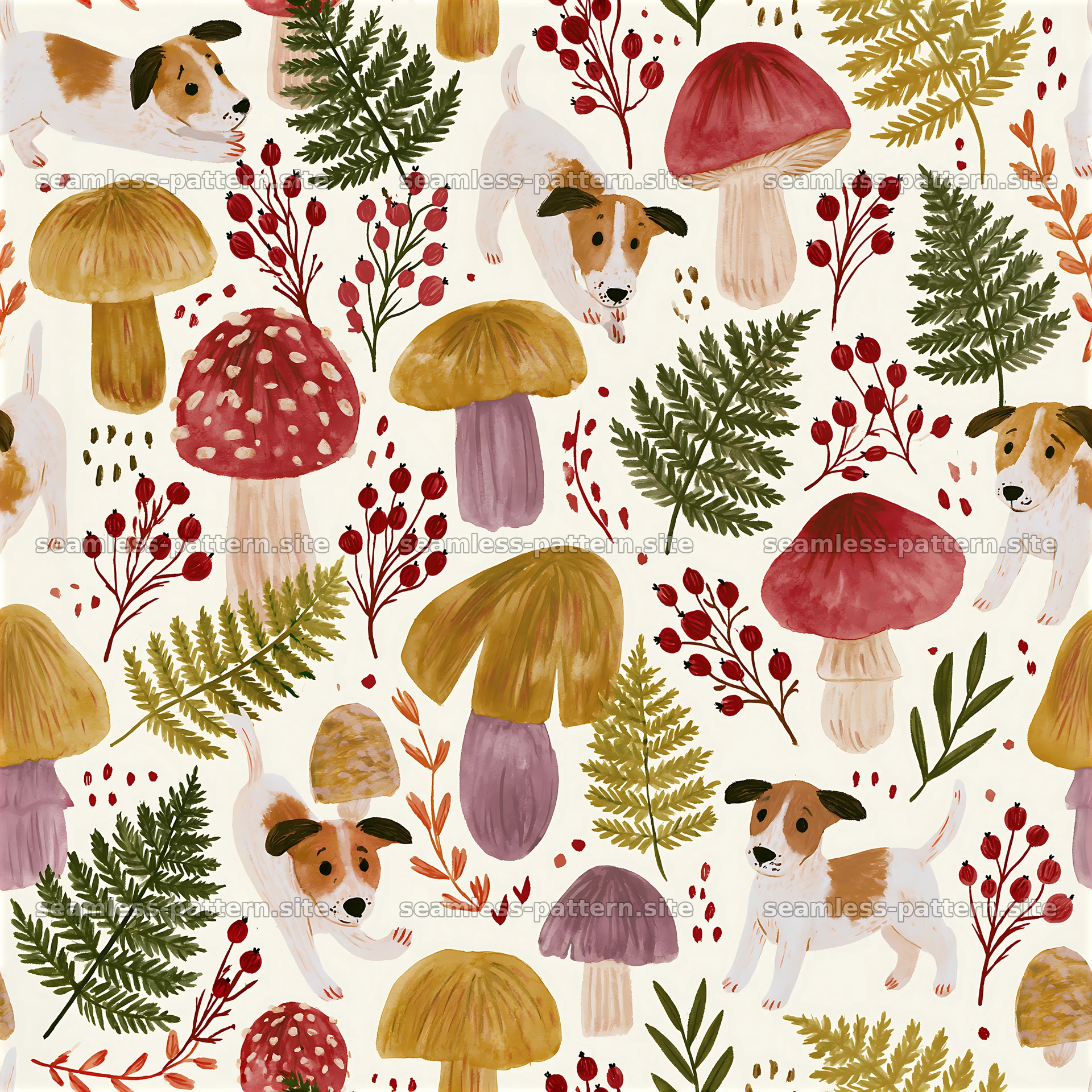Colorful seamless pattern with puppies, mushrooms, and ferns — seamless tileable pattern at 8192x8192