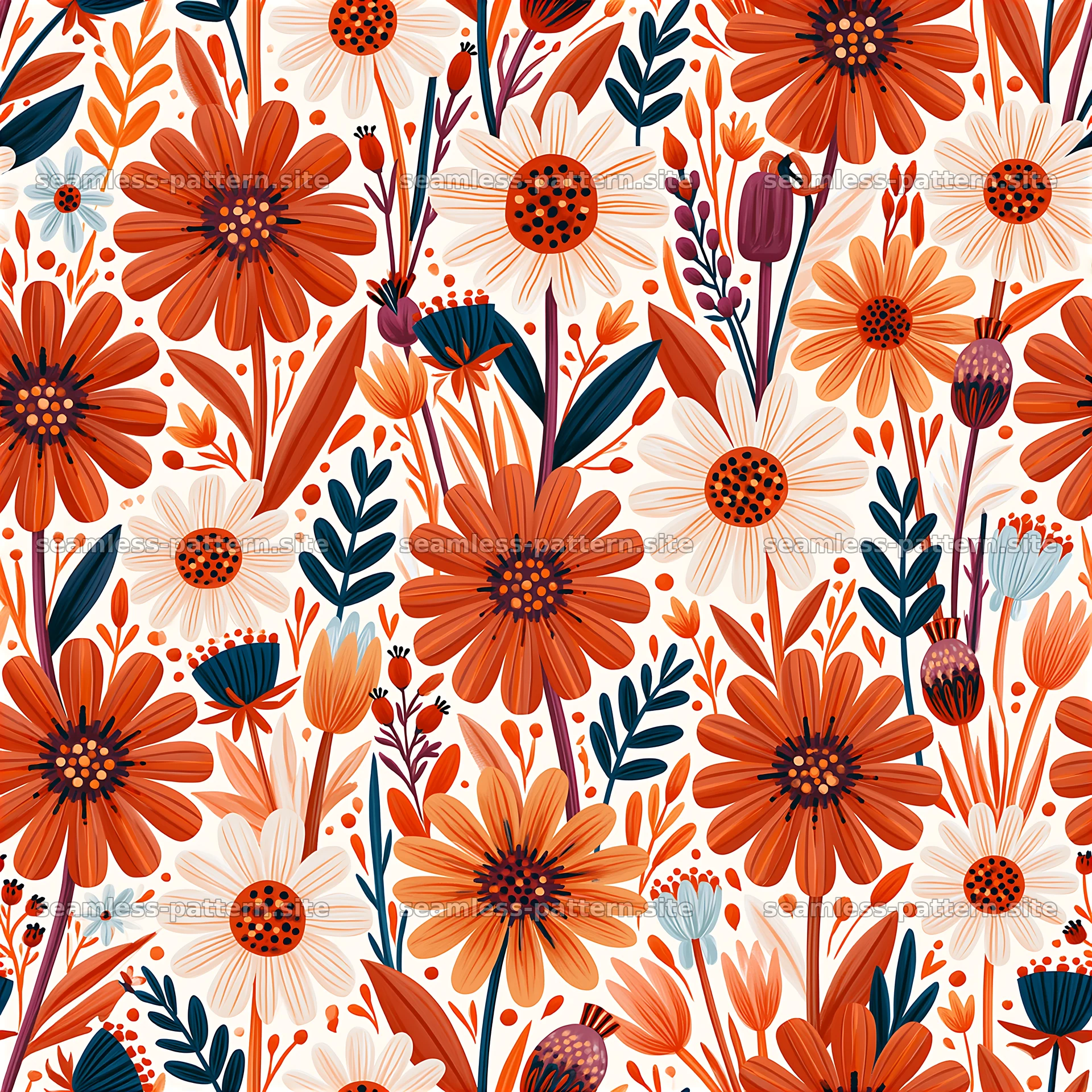 Colorful Daisy Seamless Pattern with Orange Wildflowers — seamless tileable pattern at 8192x8192