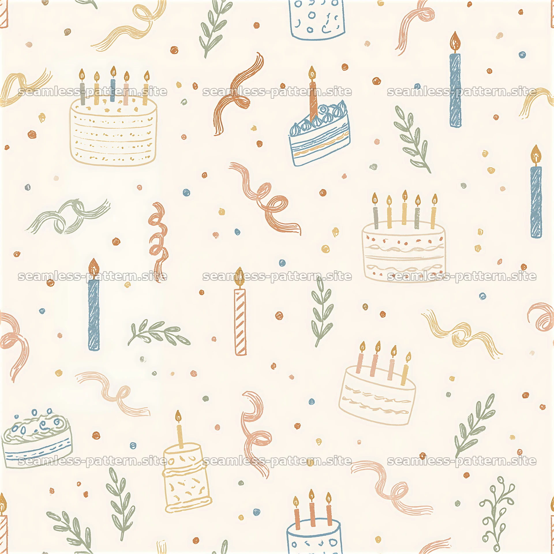Birthday doodle seamless pattern with cakes and candles — seamless tileable pattern at 8192x8192