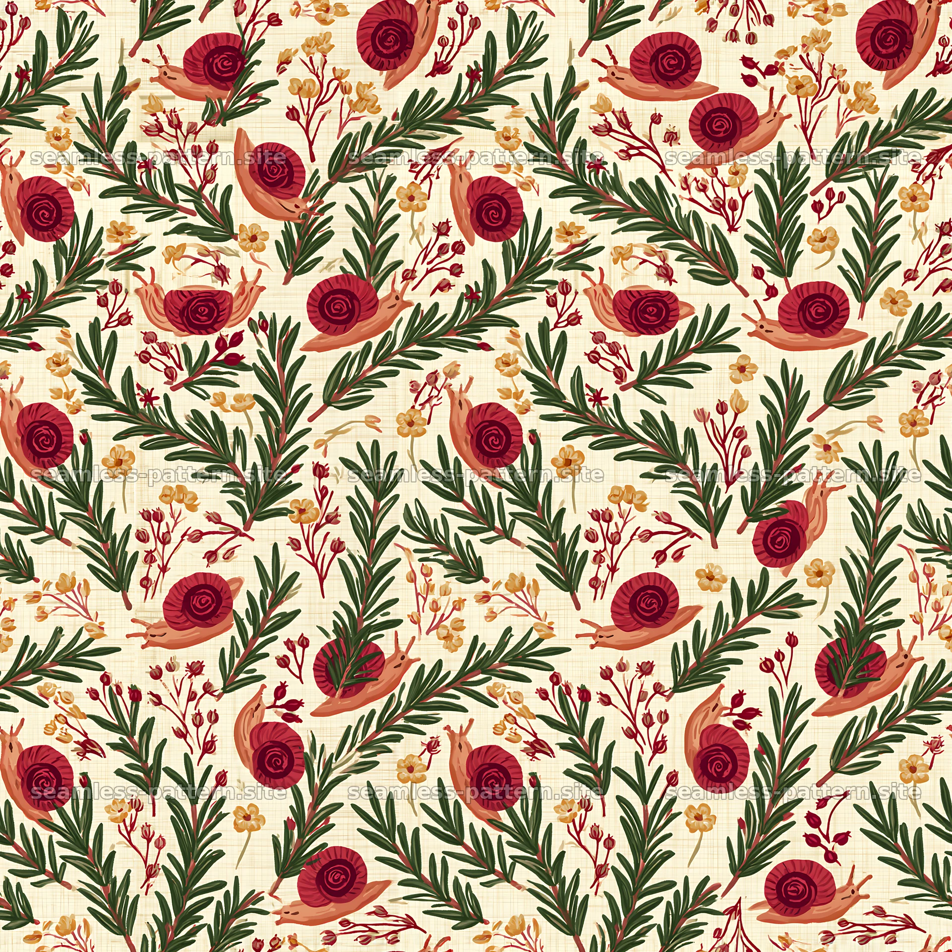 Red snail botanical repeat pattern for fabric and wallpapers — seamless tileable pattern
