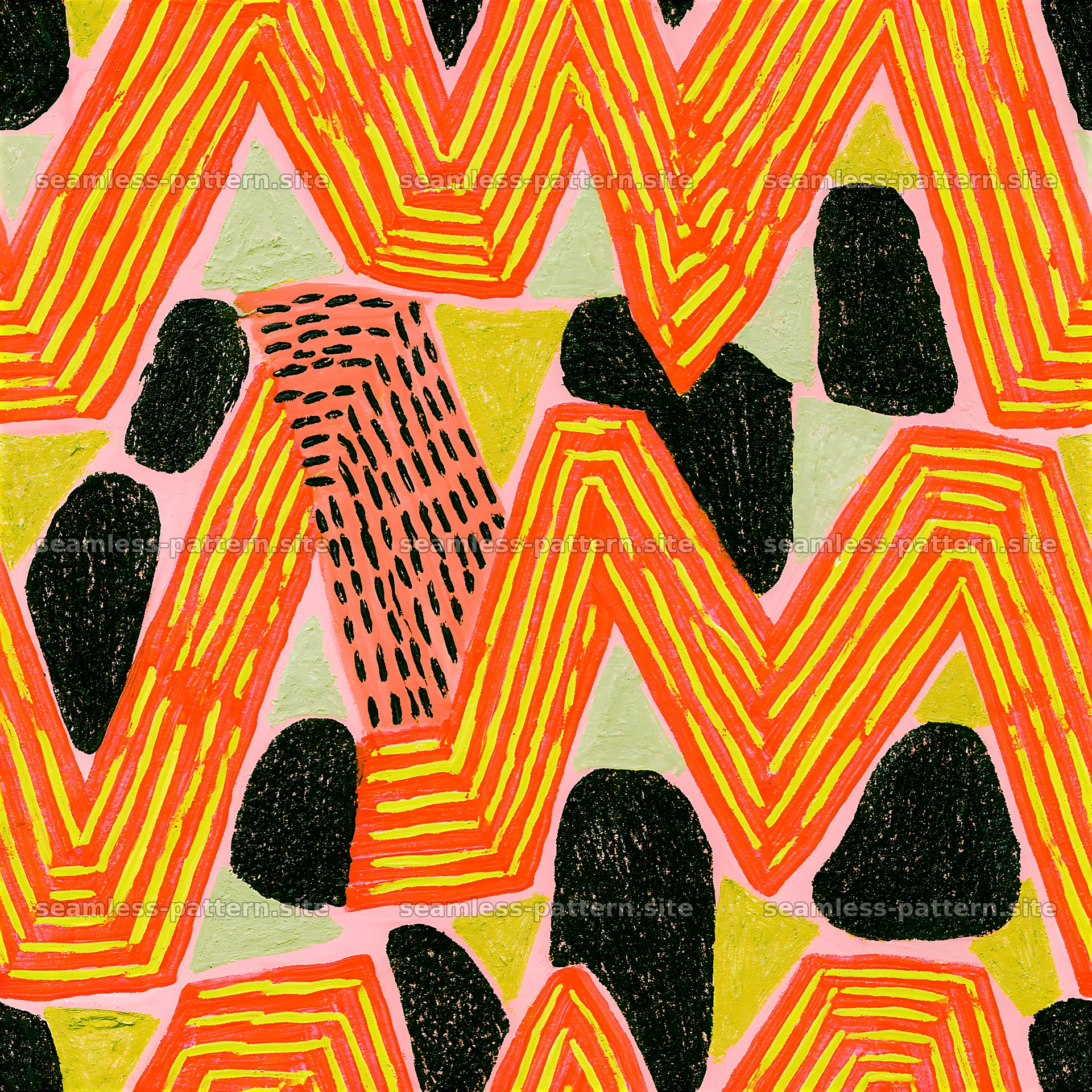 Bold abstract pattern with lines and shapes in black, red, and gold — seamless tileable pattern at 8192x8192