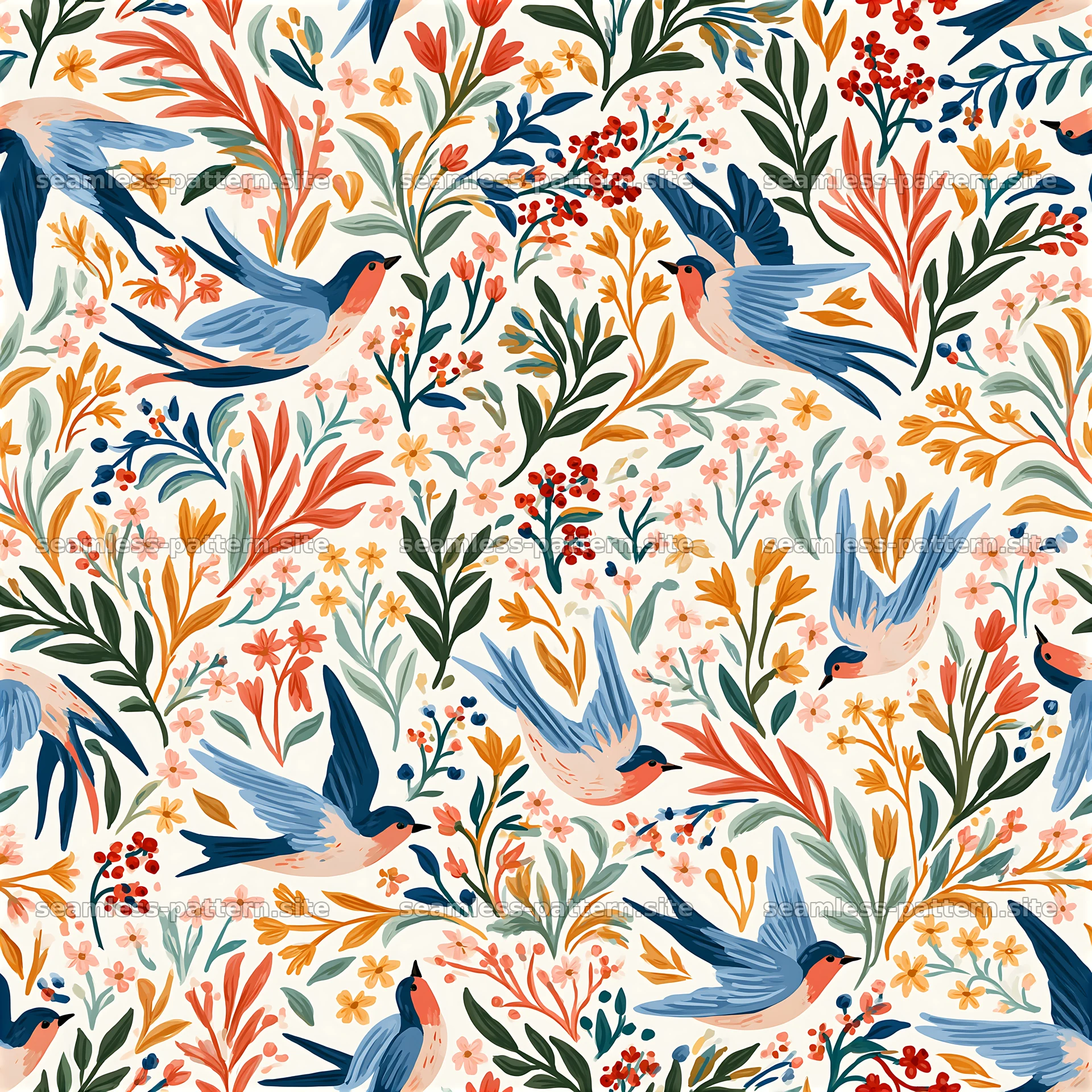 Colorful Vintage Bird and Floral Seamless Pattern — seamless tileable pattern at 8192x8192