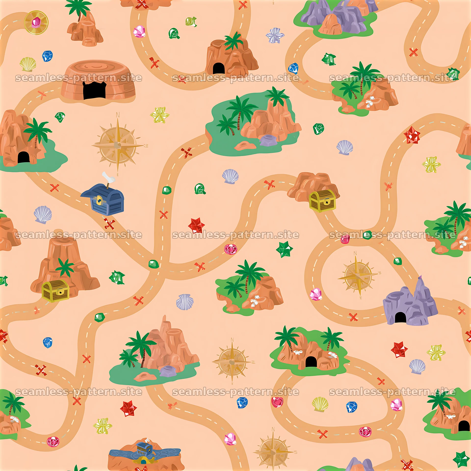 Playful treasure map design with paths and islands for kids — seamless tileable pattern at 8192x8192