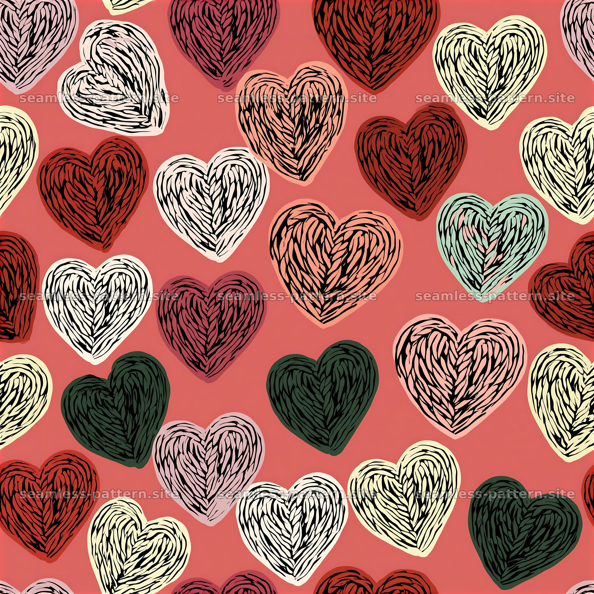 Colorful hearts in a seamless knitted pattern design — seamless tileable pattern at 8192x8192
