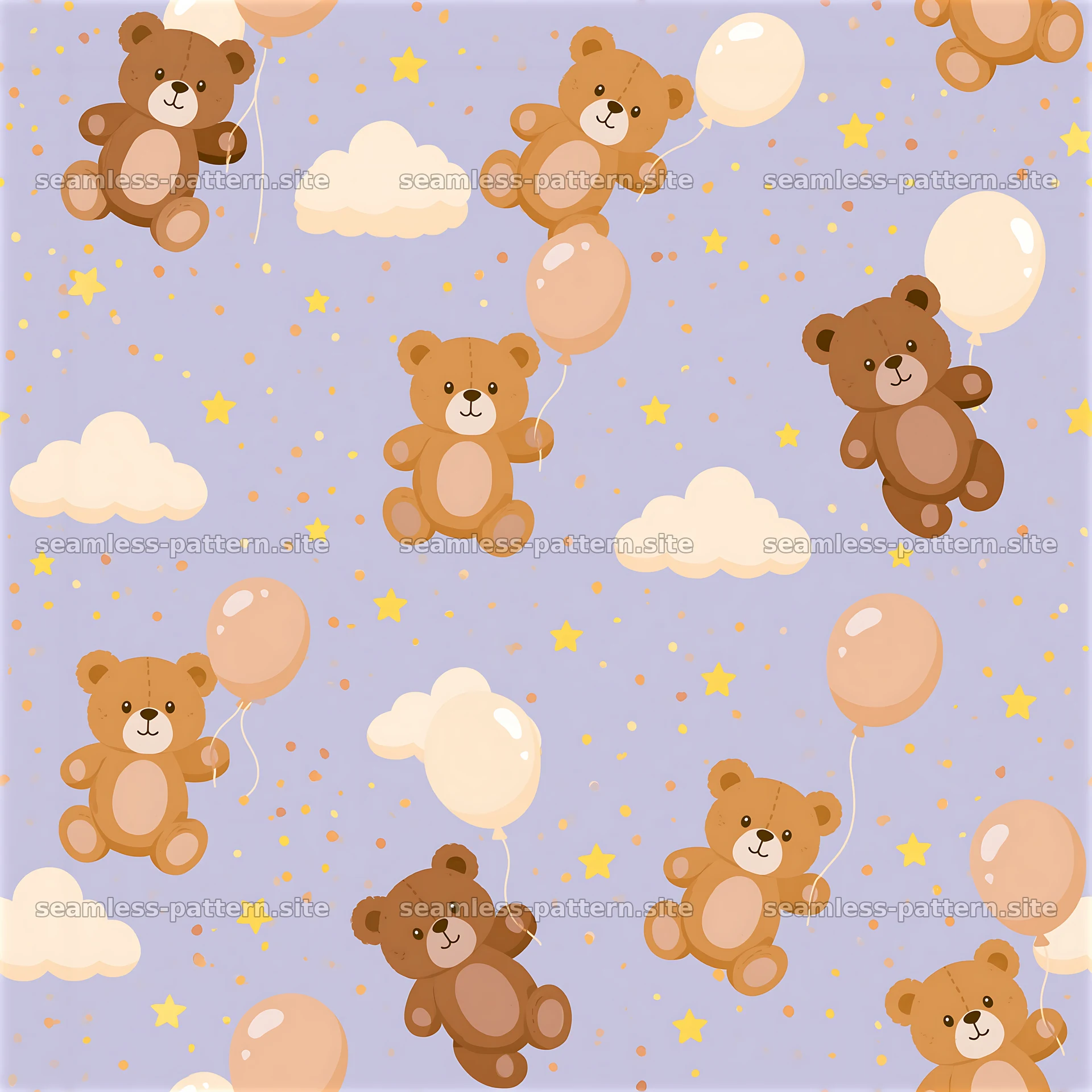Cute teddy bear seamless pattern with balloons on a light purple — seamless tileable pattern at 8192x8192