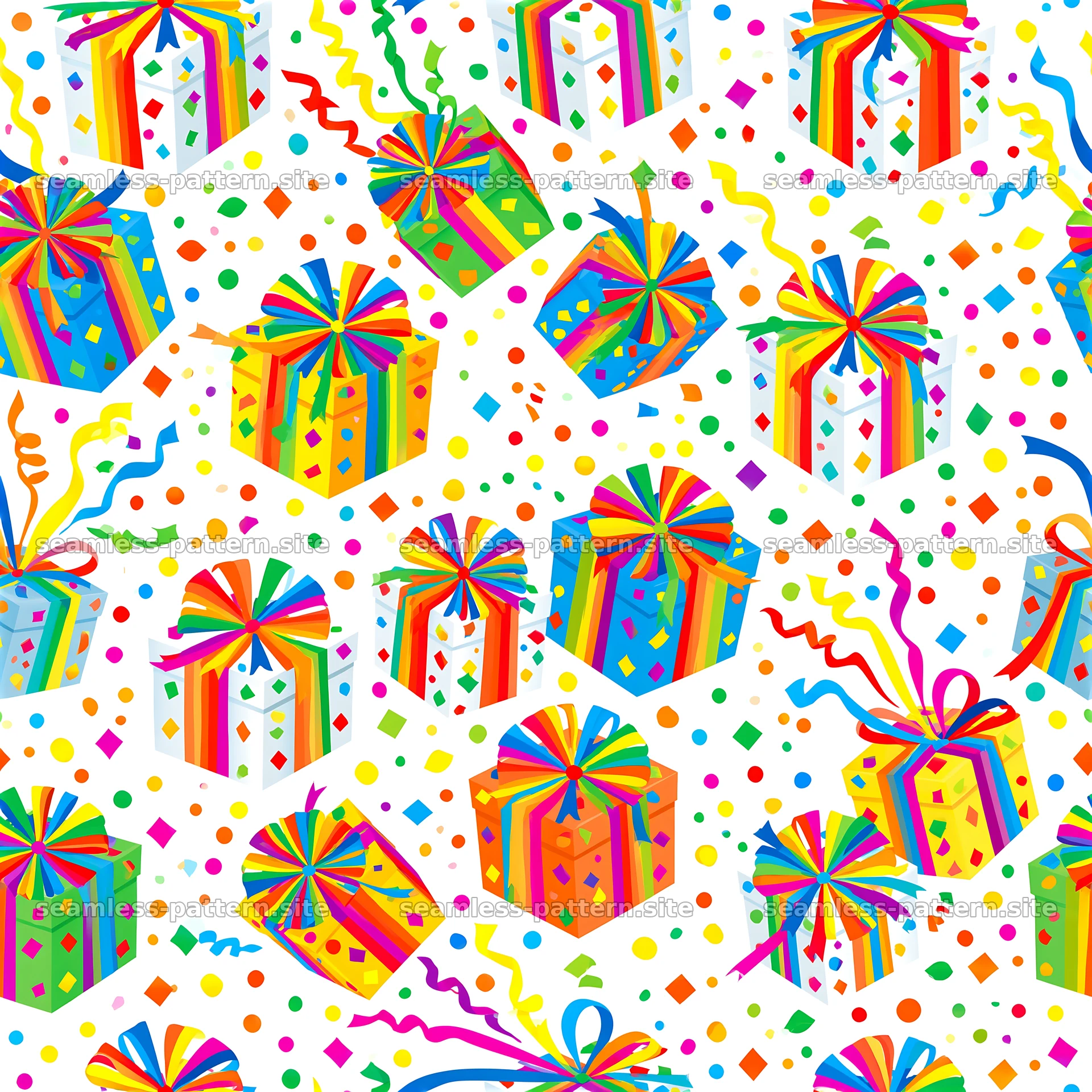 Tileable pattern with bright birthday parcels and colorful decorations — seamless tileable pattern at 8192x8192
