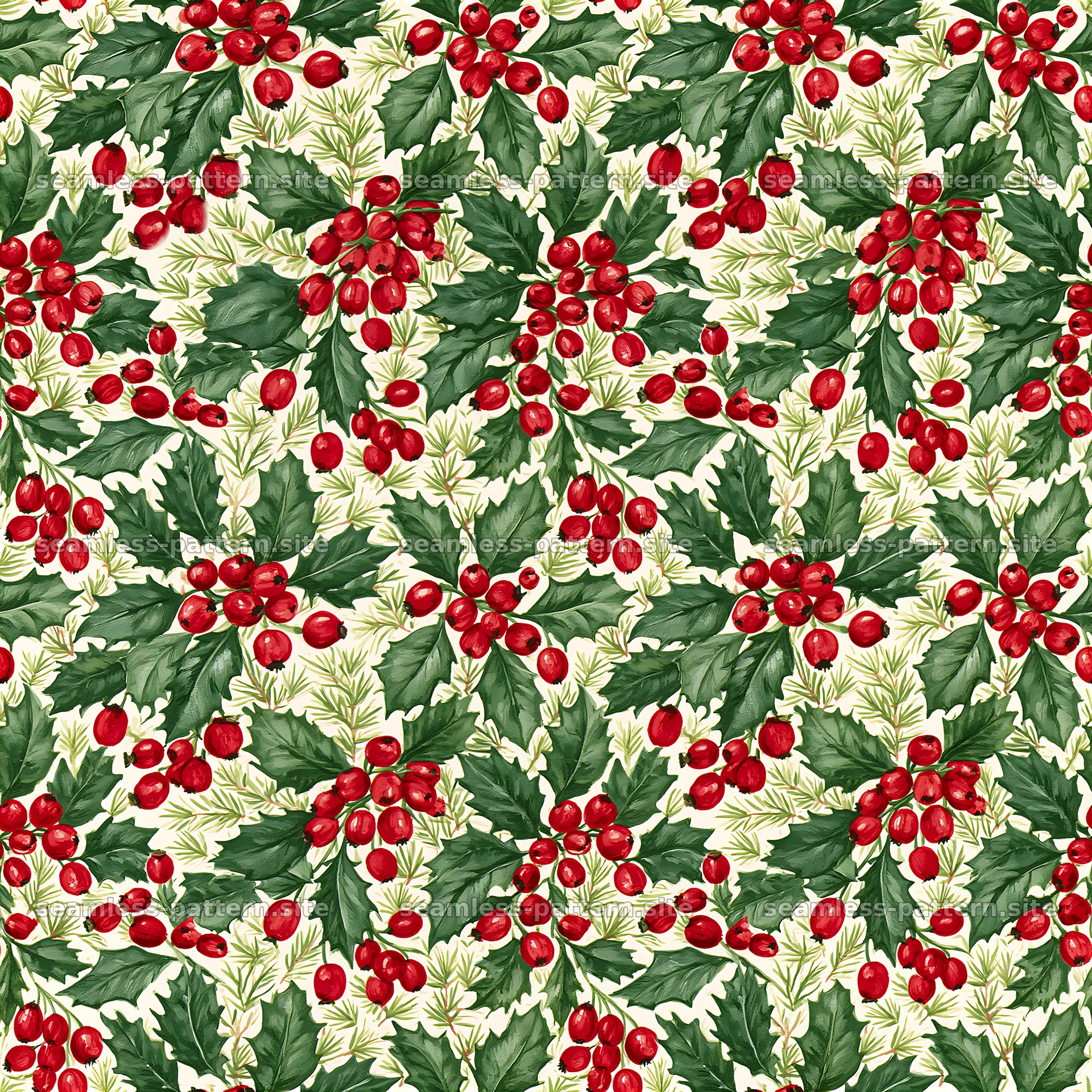Watercolor holly and winter berry seamless pattern — seamless tileable pattern at 8192x8192