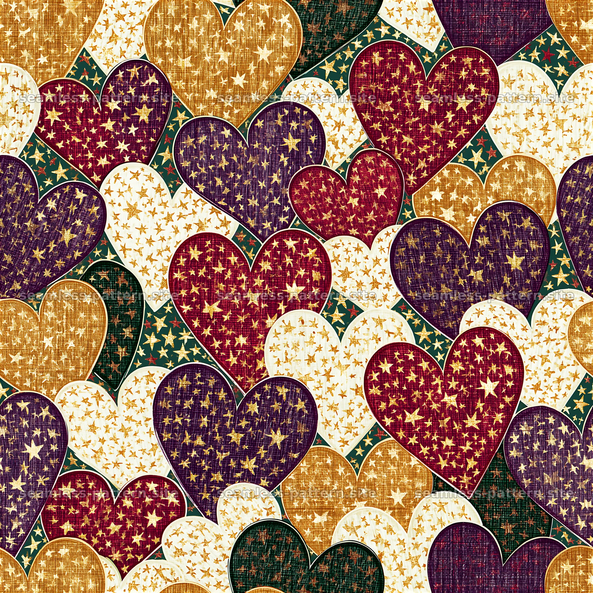 Colorful seamless pattern of hearts and stars in rich hues — seamless tileable pattern at 8192x8192