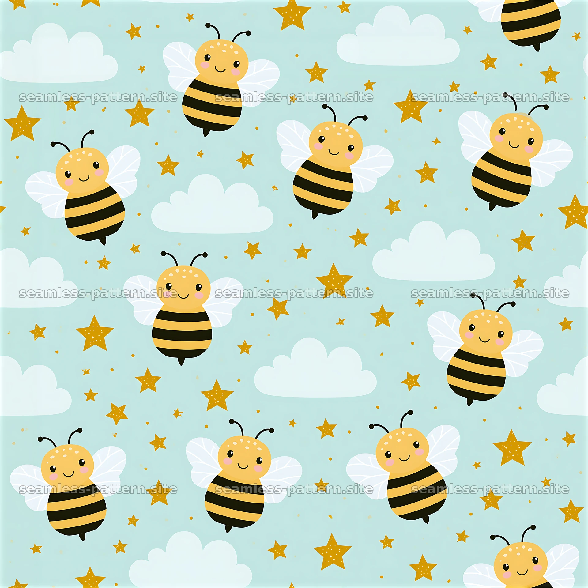 Cute bees and clouds on a light blue background pattern — seamless tileable pattern at 8192x8192