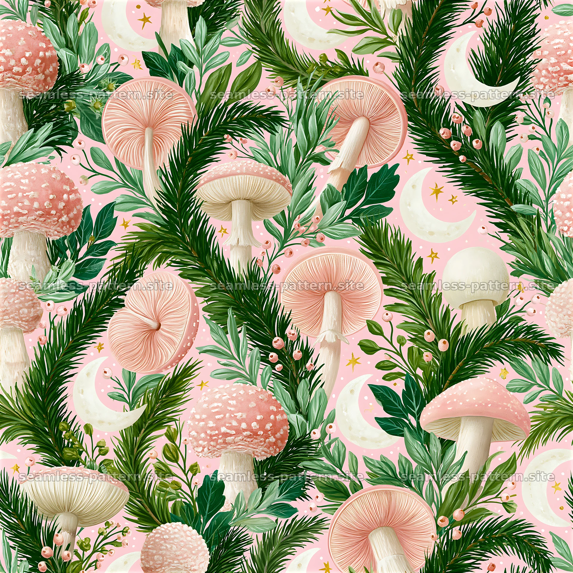 Funky Boho Mushroom and Botanical Seamless Pattern — seamless tileable pattern at 8192x8192