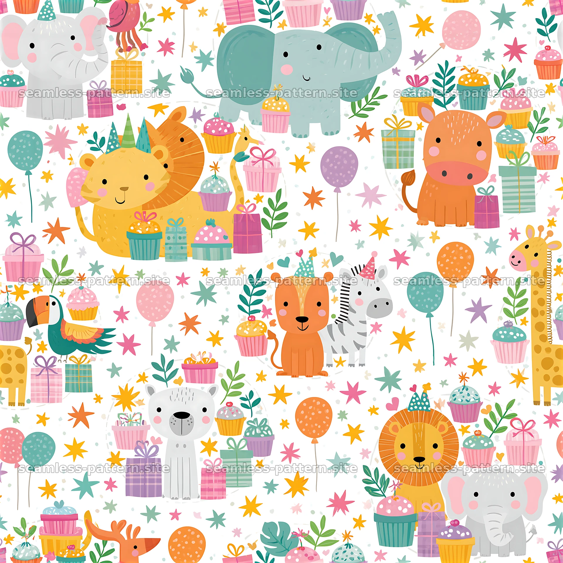 Colorful animals with gifts and balloons in a seamless pattern — seamless tileable pattern at 8192x8192