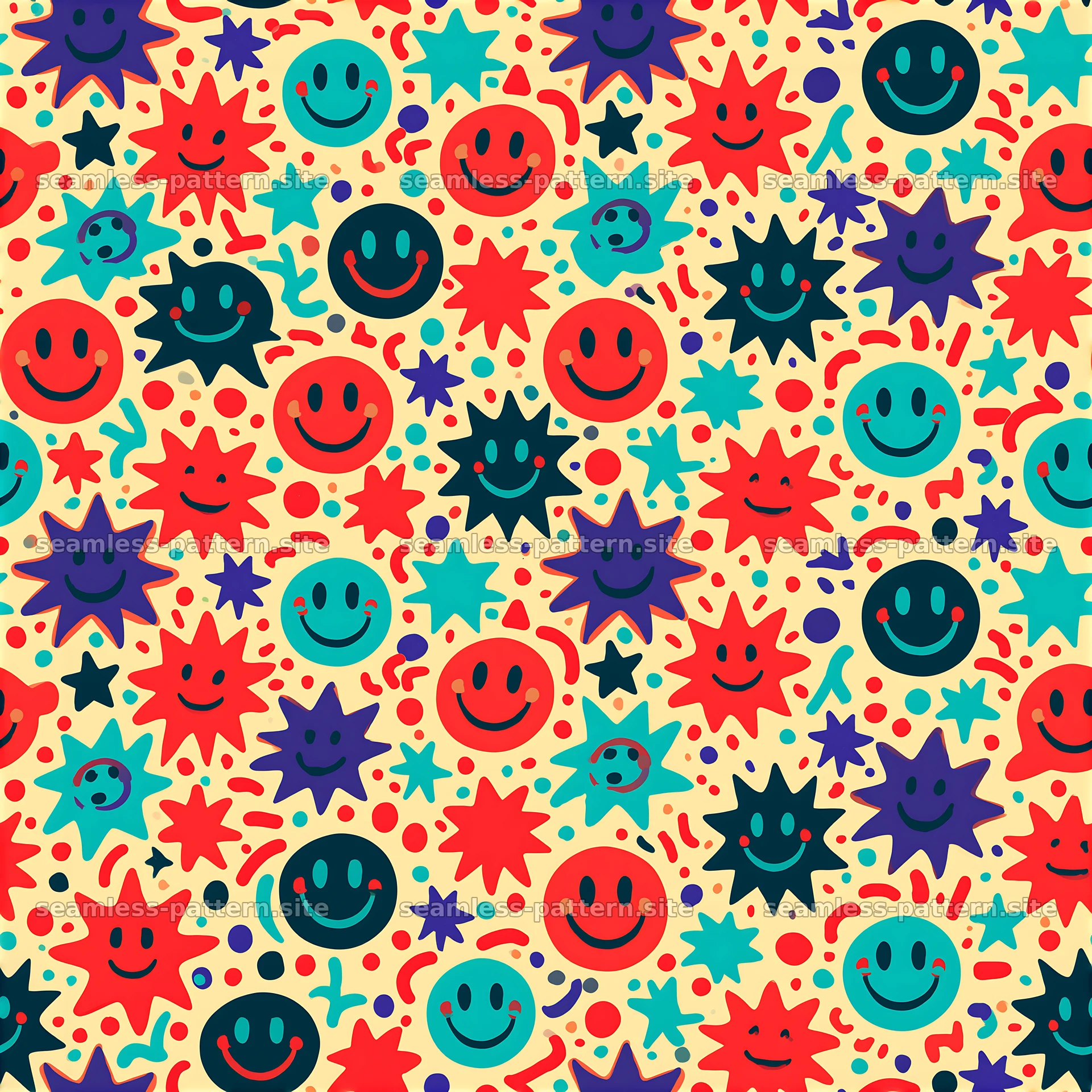 Colorful smiley faces and stars on a light background seamless pattern — seamless tileable pattern at 8192x8192