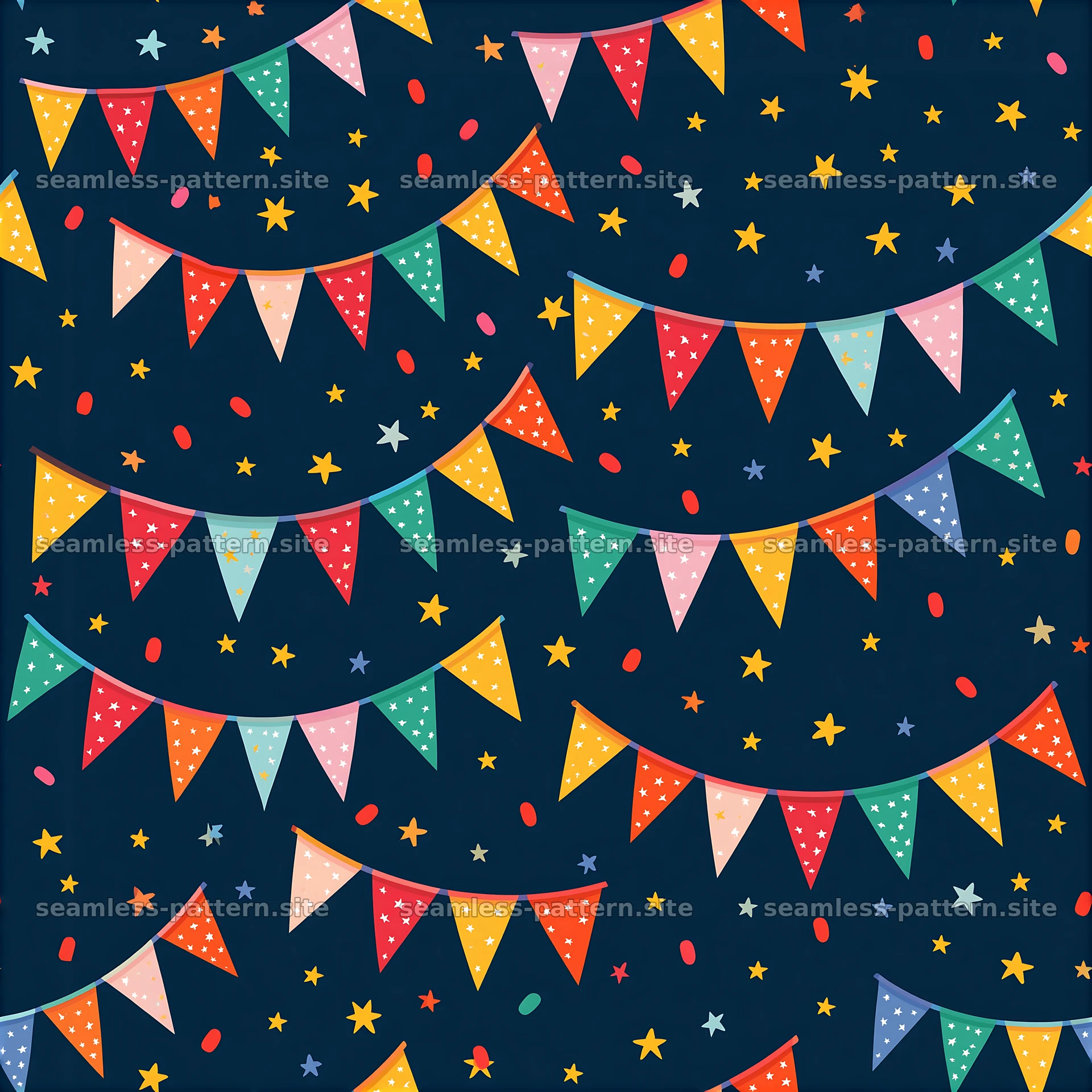 Colorful Birthday Bunting and Stars Seamless Pattern — seamless tileable pattern at 8192x8192