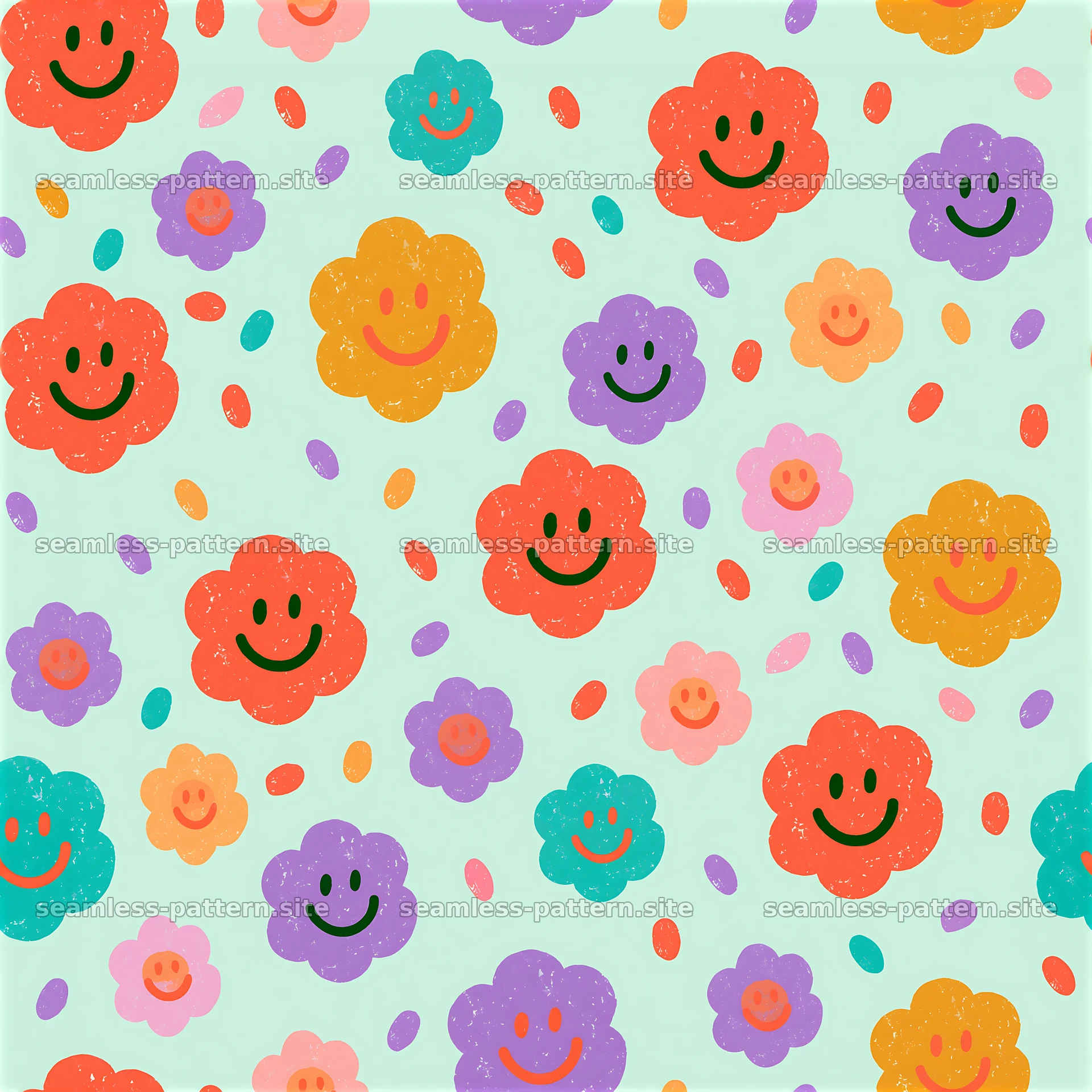 Rainbow smiley flowers seamless pattern with colorful details — seamless tileable pattern at 8192x8192