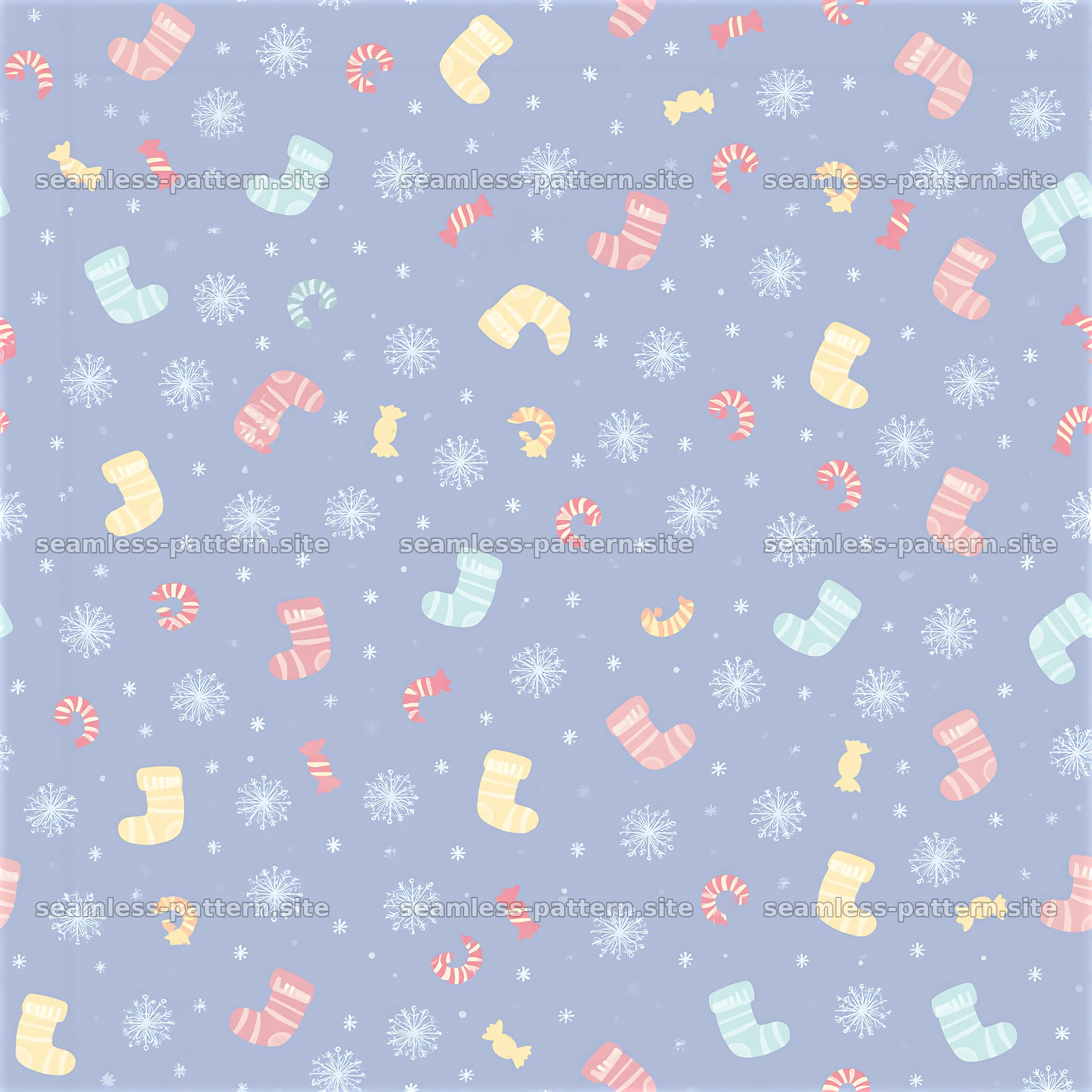 Colorful seamless pattern of Christmas stockings and snowflakes — seamless tileable pattern at 8192x8192