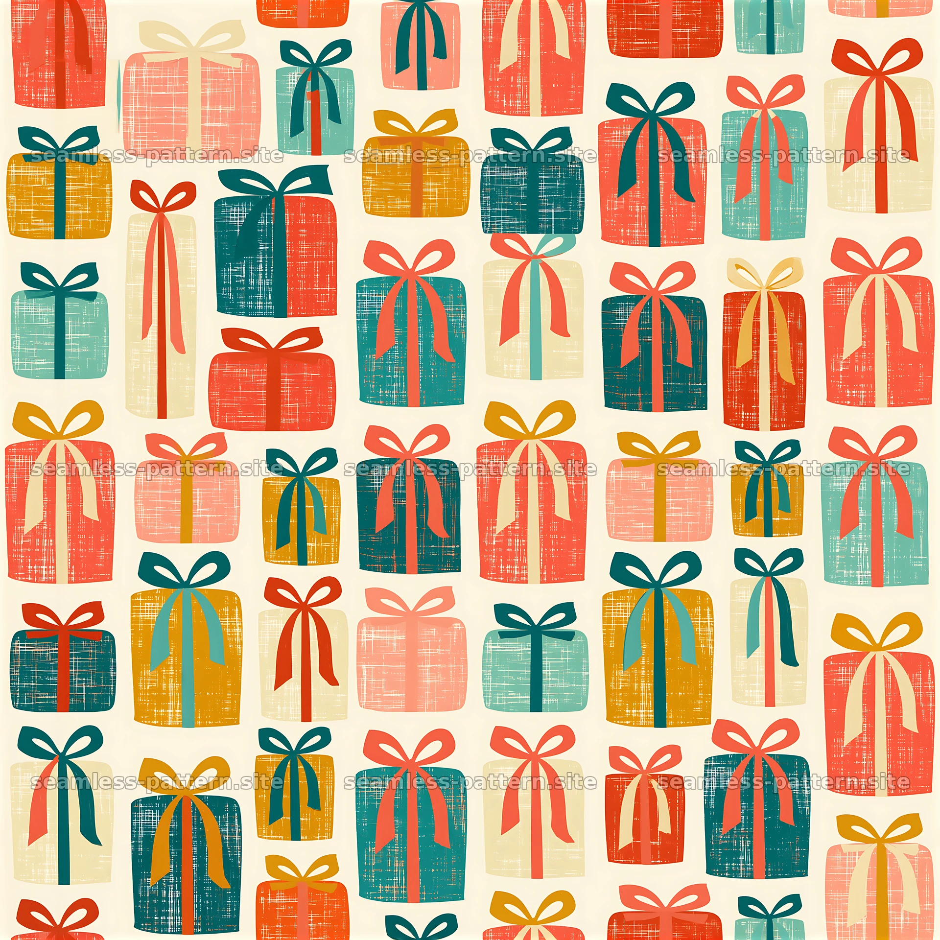 Christmas Gift Boxes with Colorful Satin Bows Pattern — seamless tileable pattern at 8192x8192