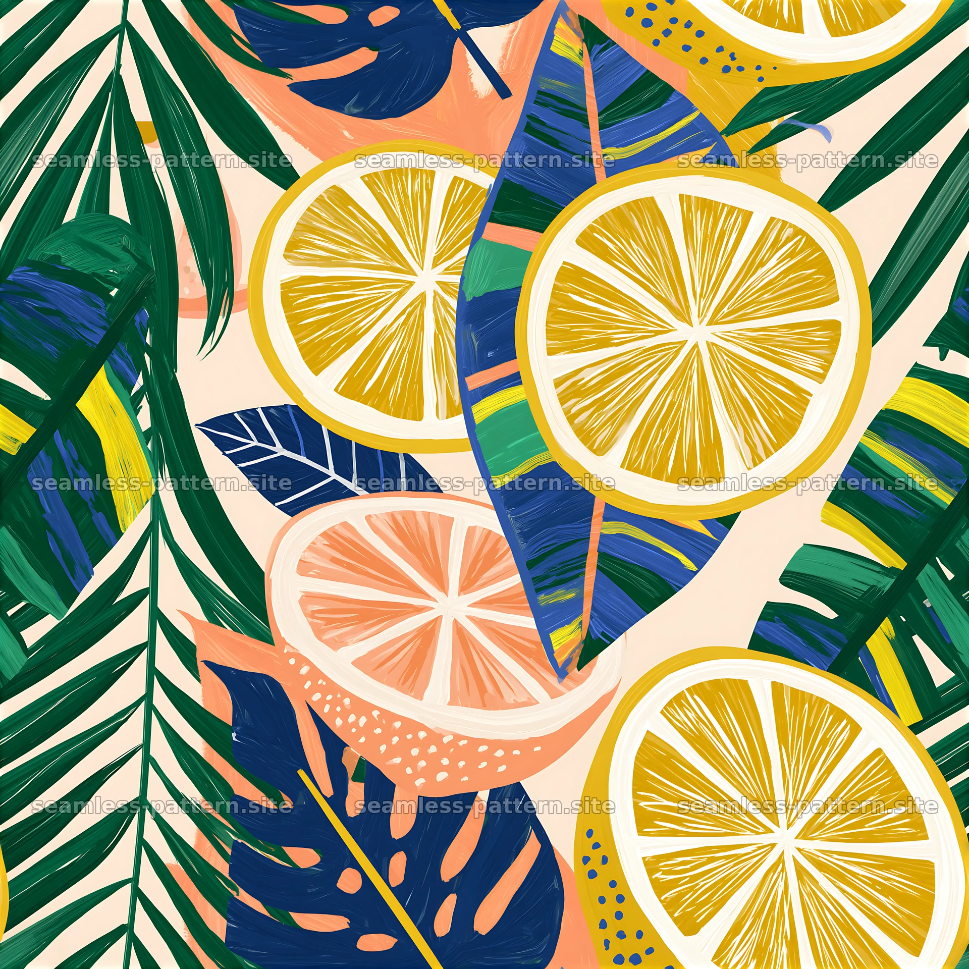 Colorful lemons and leaves seamless pattern for various design uses — seamless tileable pattern at 8192x8192