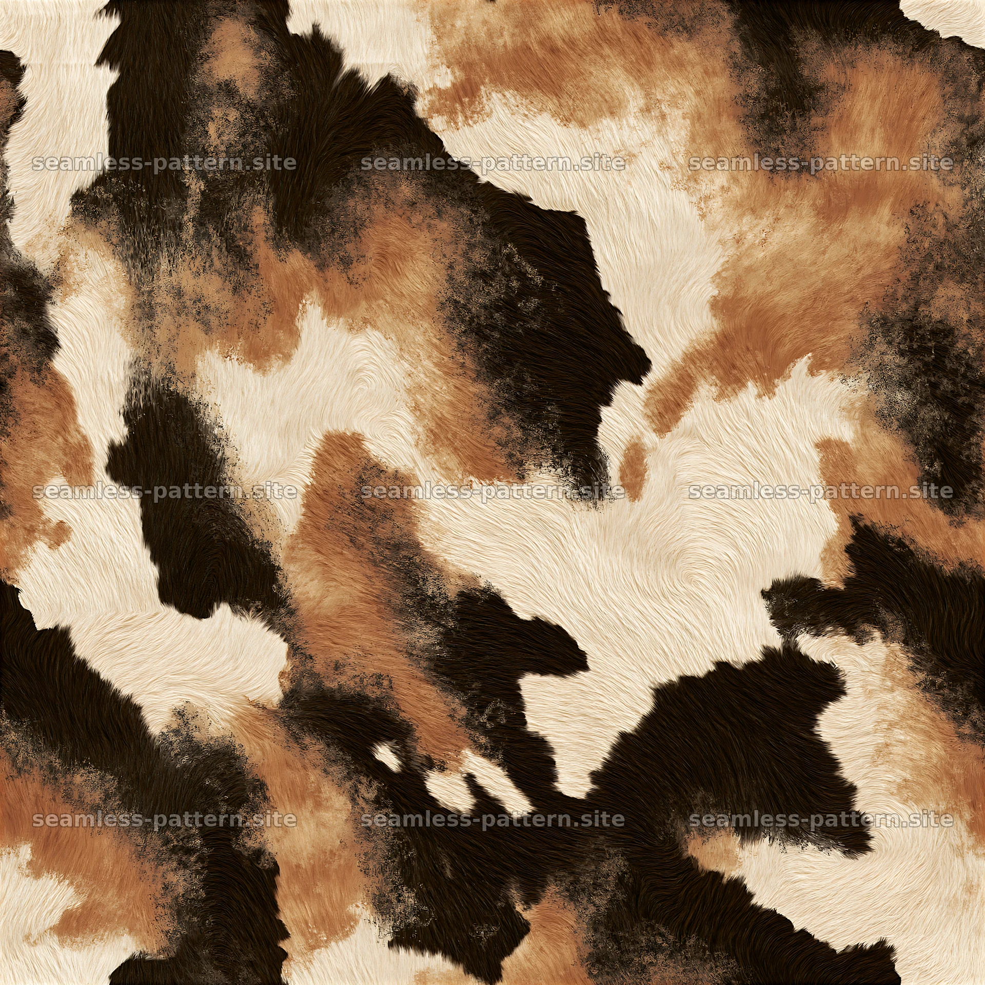 Seamless digital cowhide repeat pattern with browns and blacks — seamless tileable pattern at 8192x8192