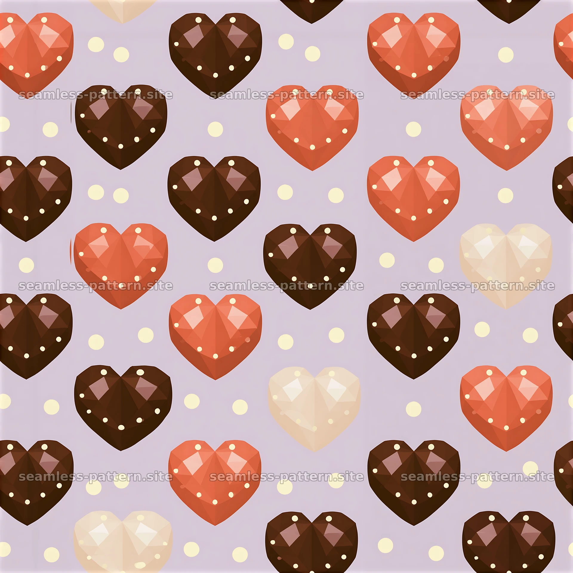 Heart chocolates tileable pattern in various shapes and colors — seamless tileable pattern at 8192x8192