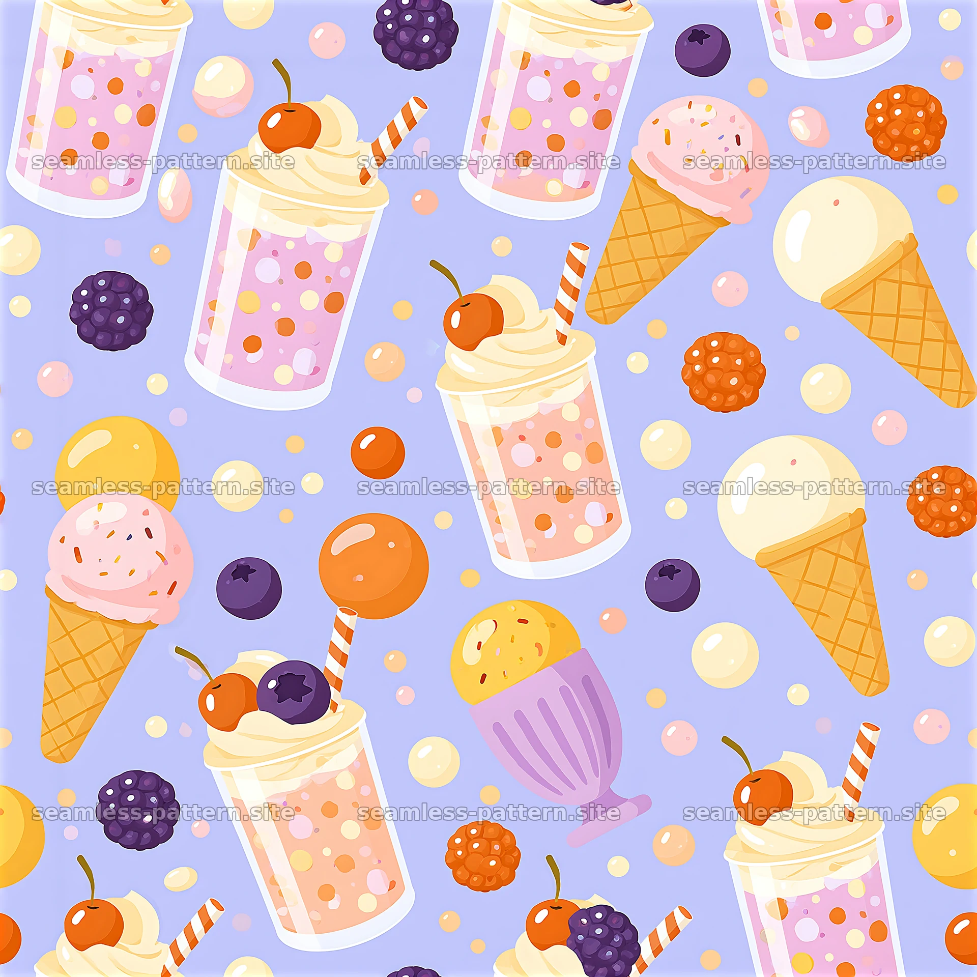 Colorful Ice Cream Seamless Pattern with Fruit and Sprinkles — seamless tileable pattern at 8192x8192