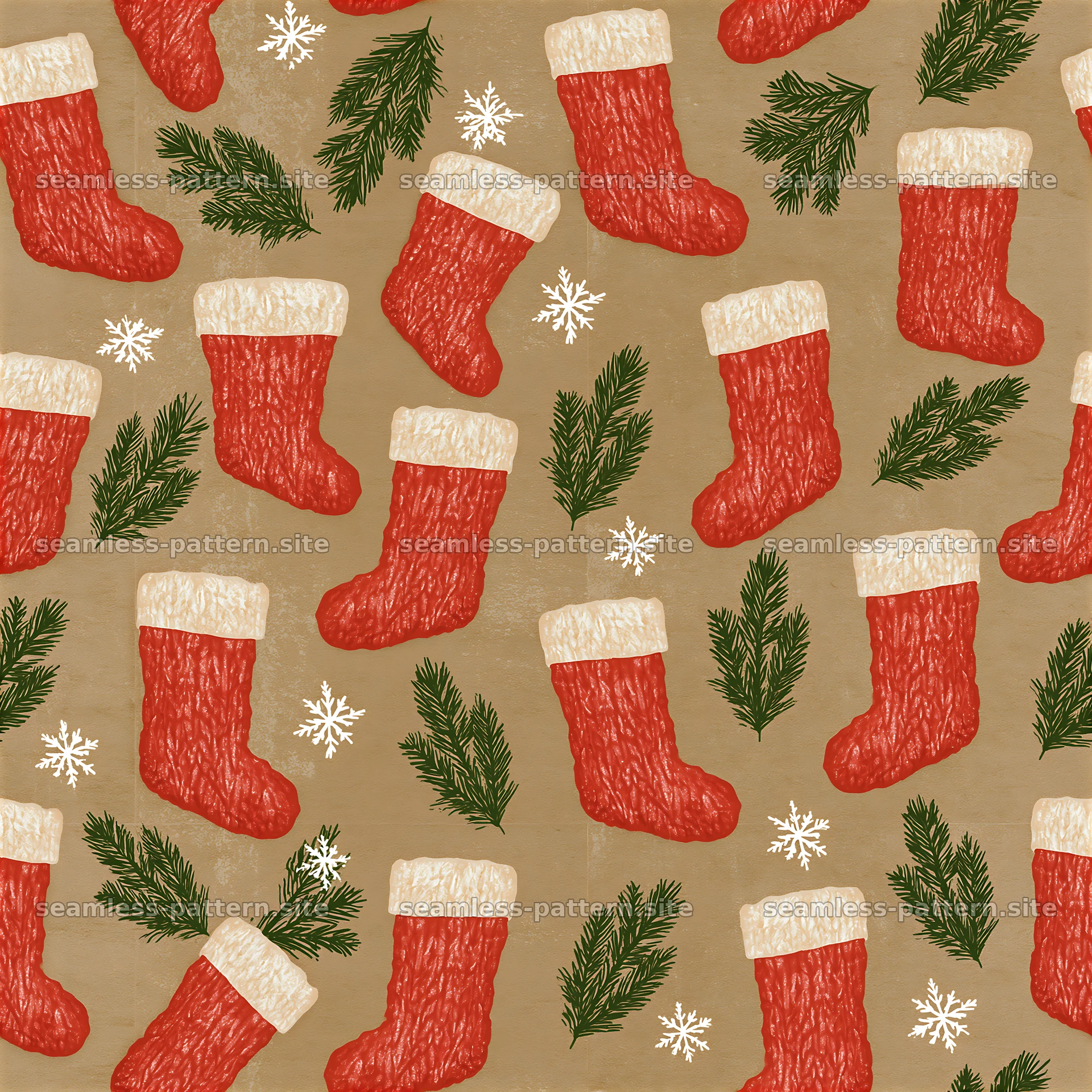 Red Christmas stockings with snowflakes and pine branches design — seamless tileable pattern at 8192x8192