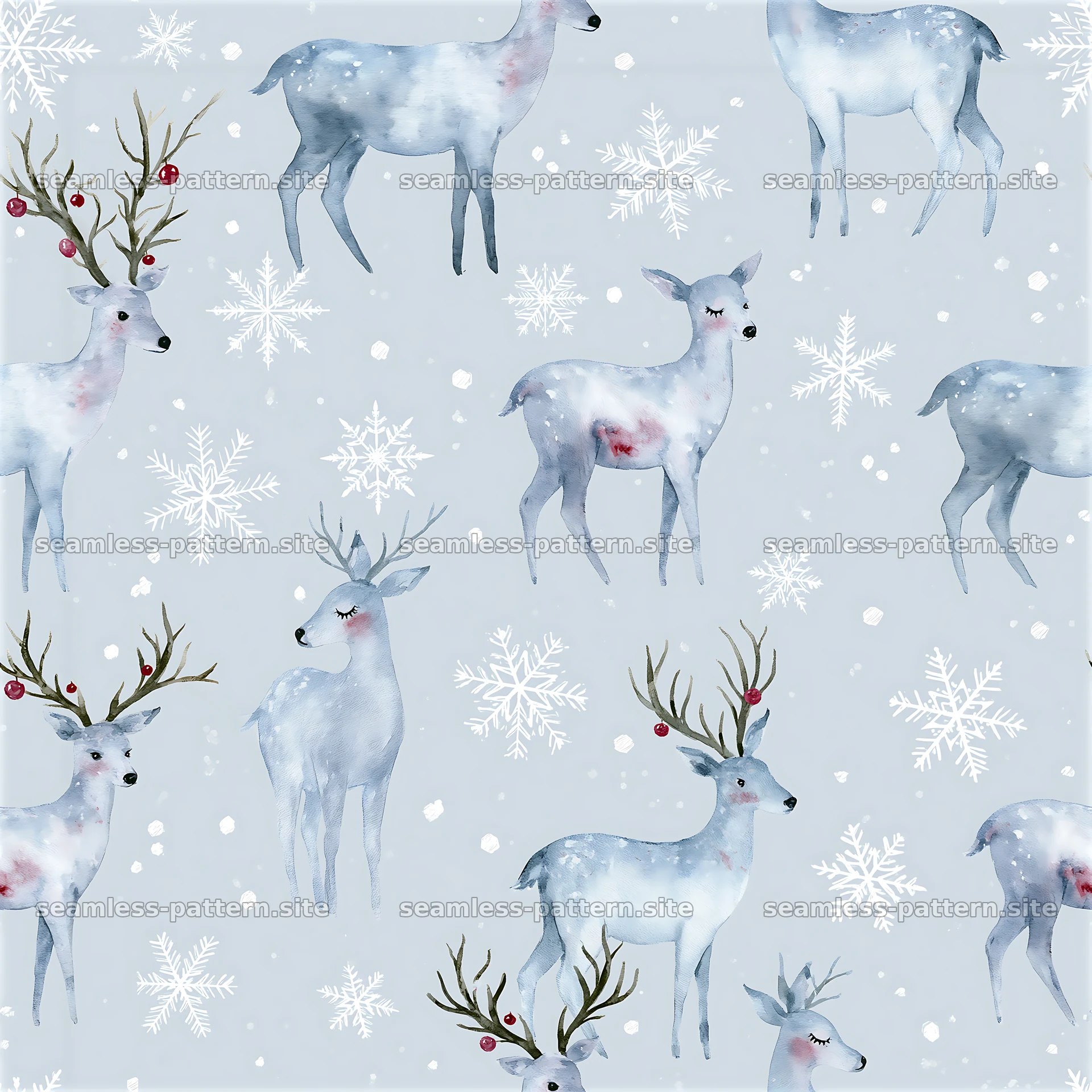 Seamless watercolor deer pattern with snowflakes on a soft gray background — seamless tileable pattern at 8192x8192