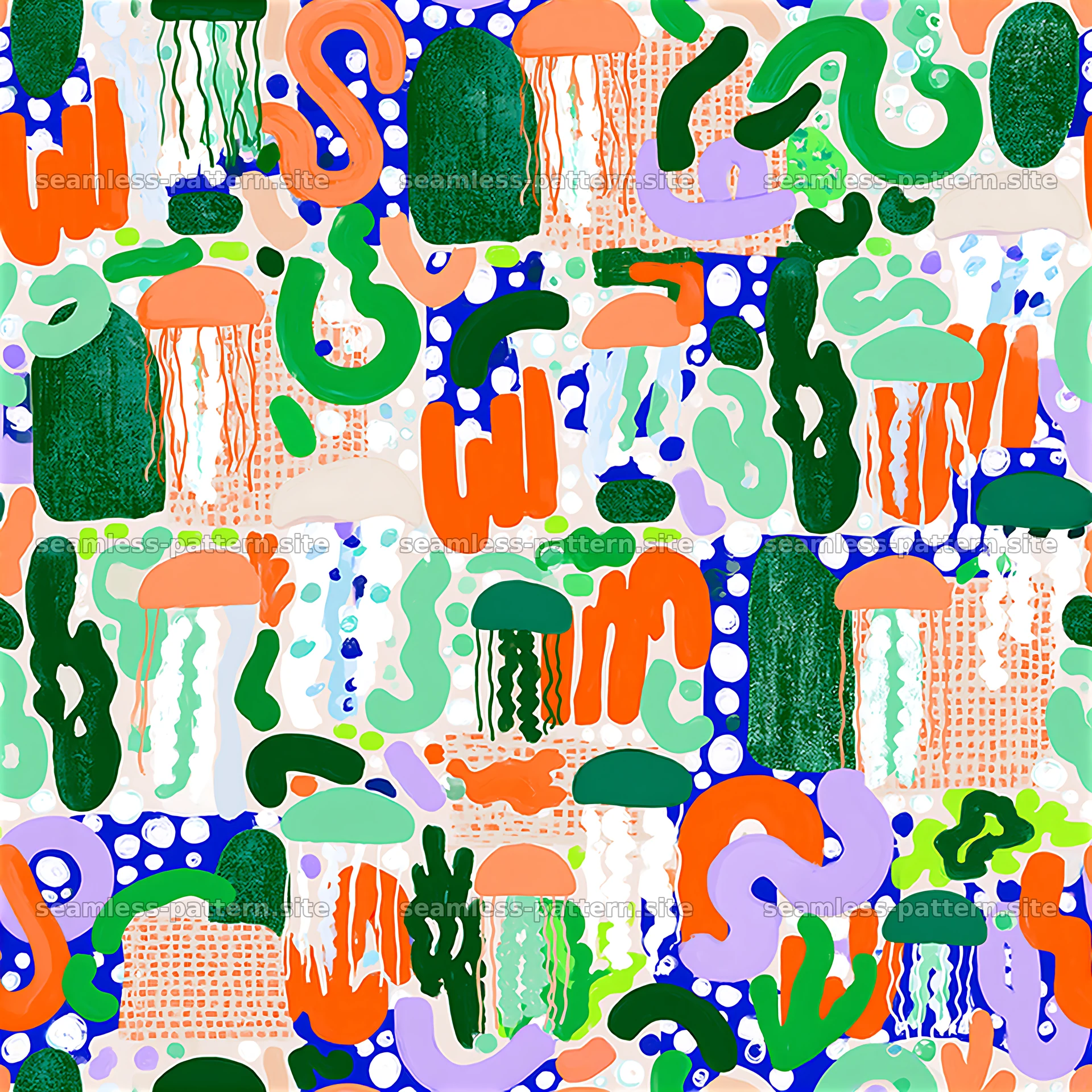 Colorful abstract seamless pattern with jellyfish and organic shapes — seamless tileable pattern at 8192x8192